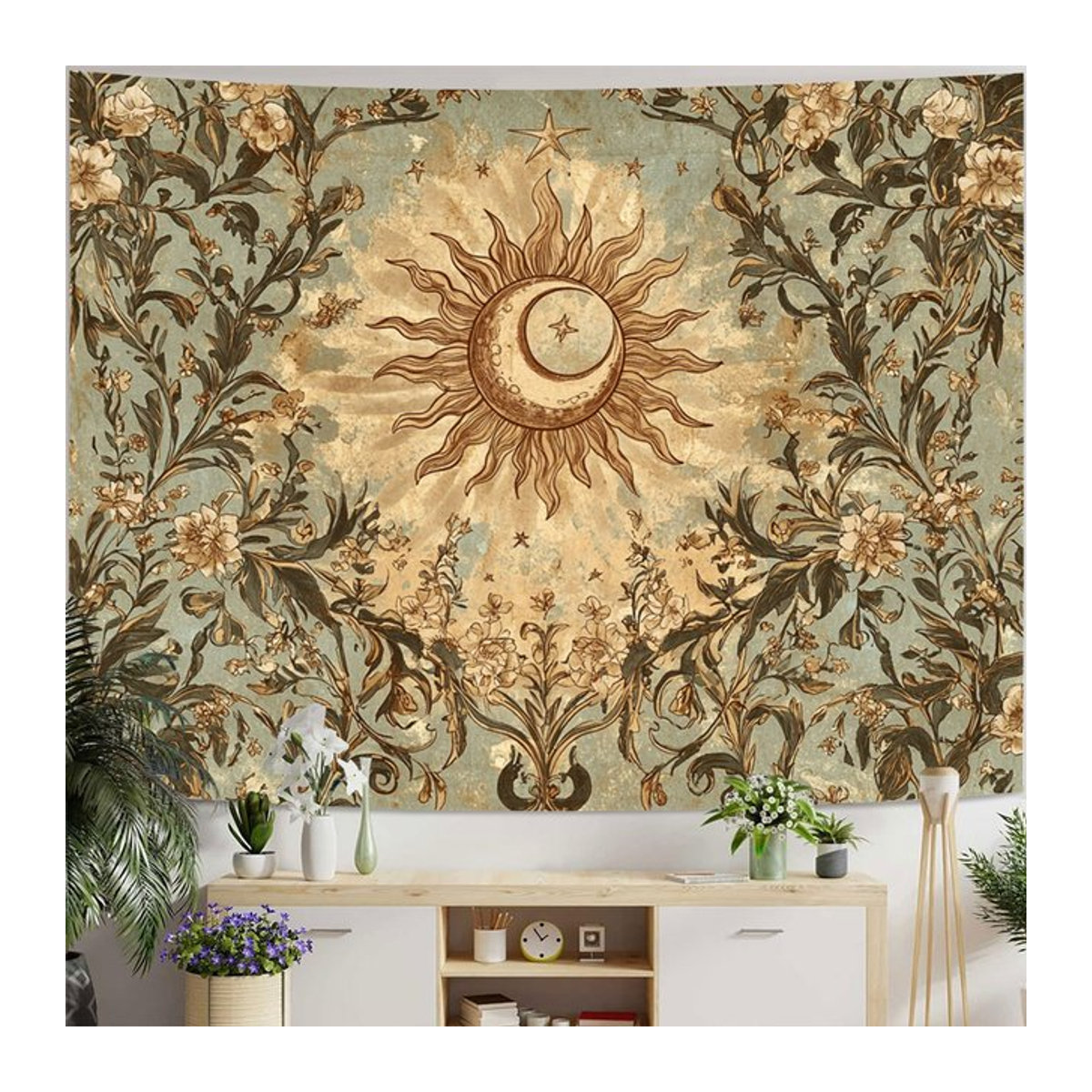 VIKAMA Vintage Bohemian Wandbehang mit Sonne Mond und Blumenmuster in Mehrfarbig, Rechteckig, B/H: 60 x 40 cm - Bild 1