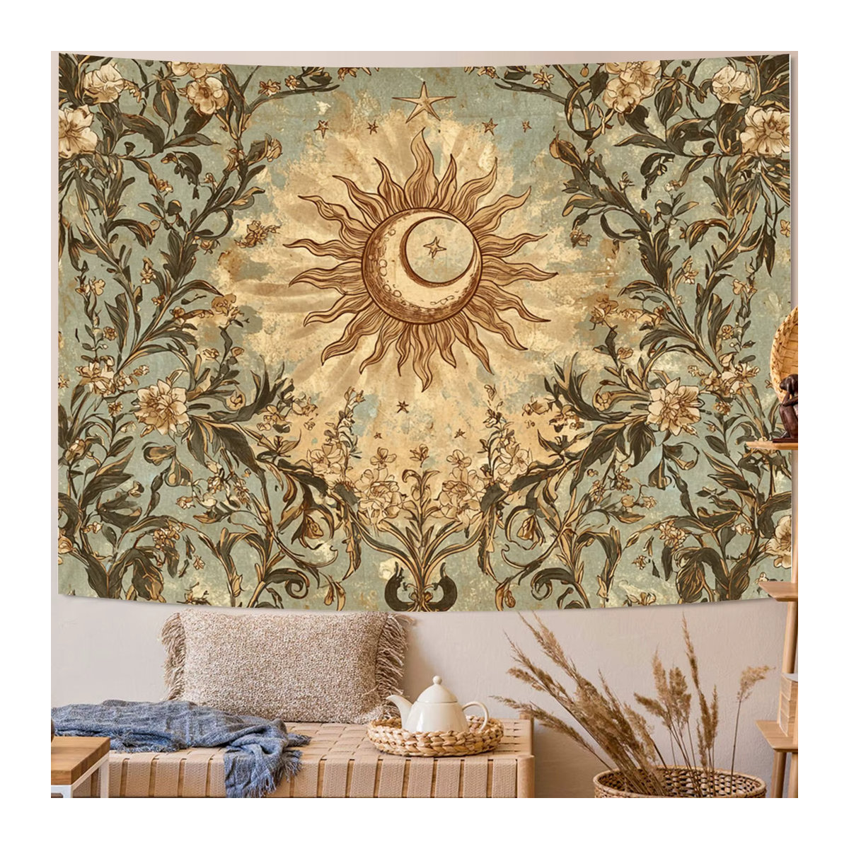 VIKAMA Vintage Bohemian Wandbehang mit Sonne Mond und Blumenmuster in Mehrfarbig, Rechteckig, B/H: 60 x 40 cm - Bild 2
