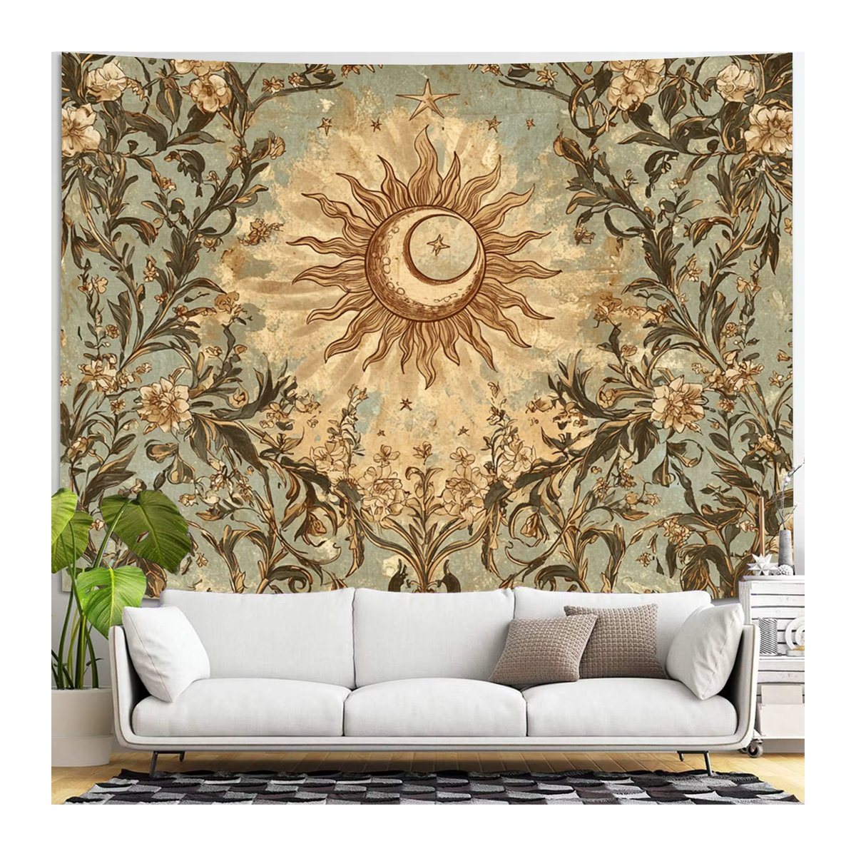 VIKAMA Vintage Bohemian Wandbehang mit Sonne Mond und Blumenmuster in Mehrfarbig, Rechteckig, B/H: 60 x 40 cm - Bild 3
