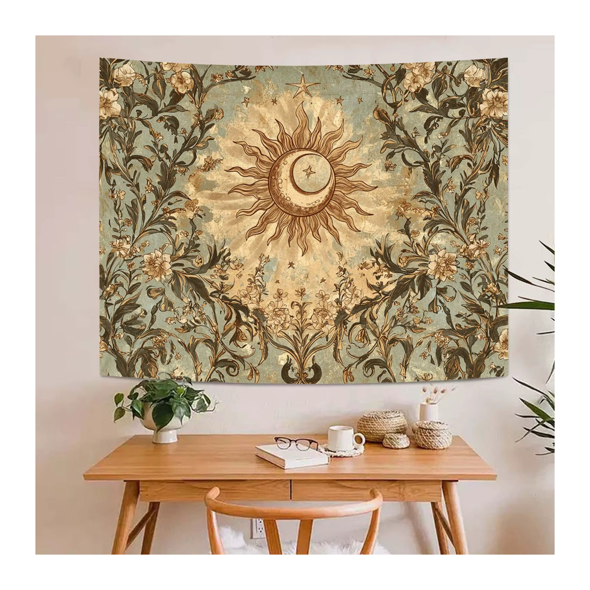VIKAMA Vintage Bohemian Wandbehang mit Sonne Mond und Blumenmuster in Mehrfarbig, Rechteckig, B/H: 60 x 40 cm - Bild 4