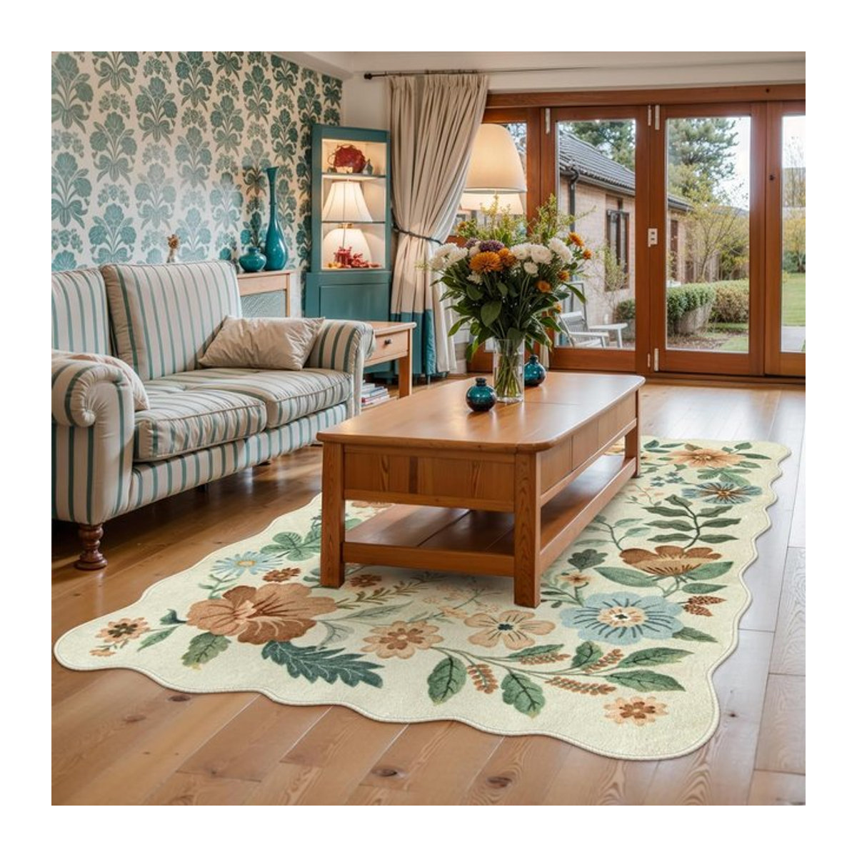 VIKAMA Vintage Floral Teppich in Weiß, runder wasserdichter Teppich für Wohnzimmer und Schlafzimmer - Bild 1