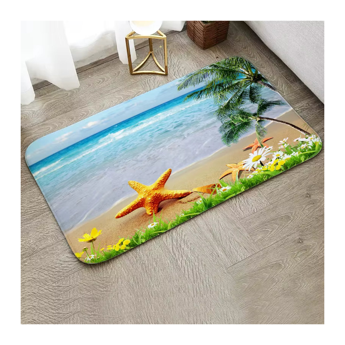 VIKAMA Vintage Seaside Teppich mit Seestern- und Muschelmotiven in Mehrfarbig, rutschfest für Wohnzimmer und Schlafzimmer - Bild 1
