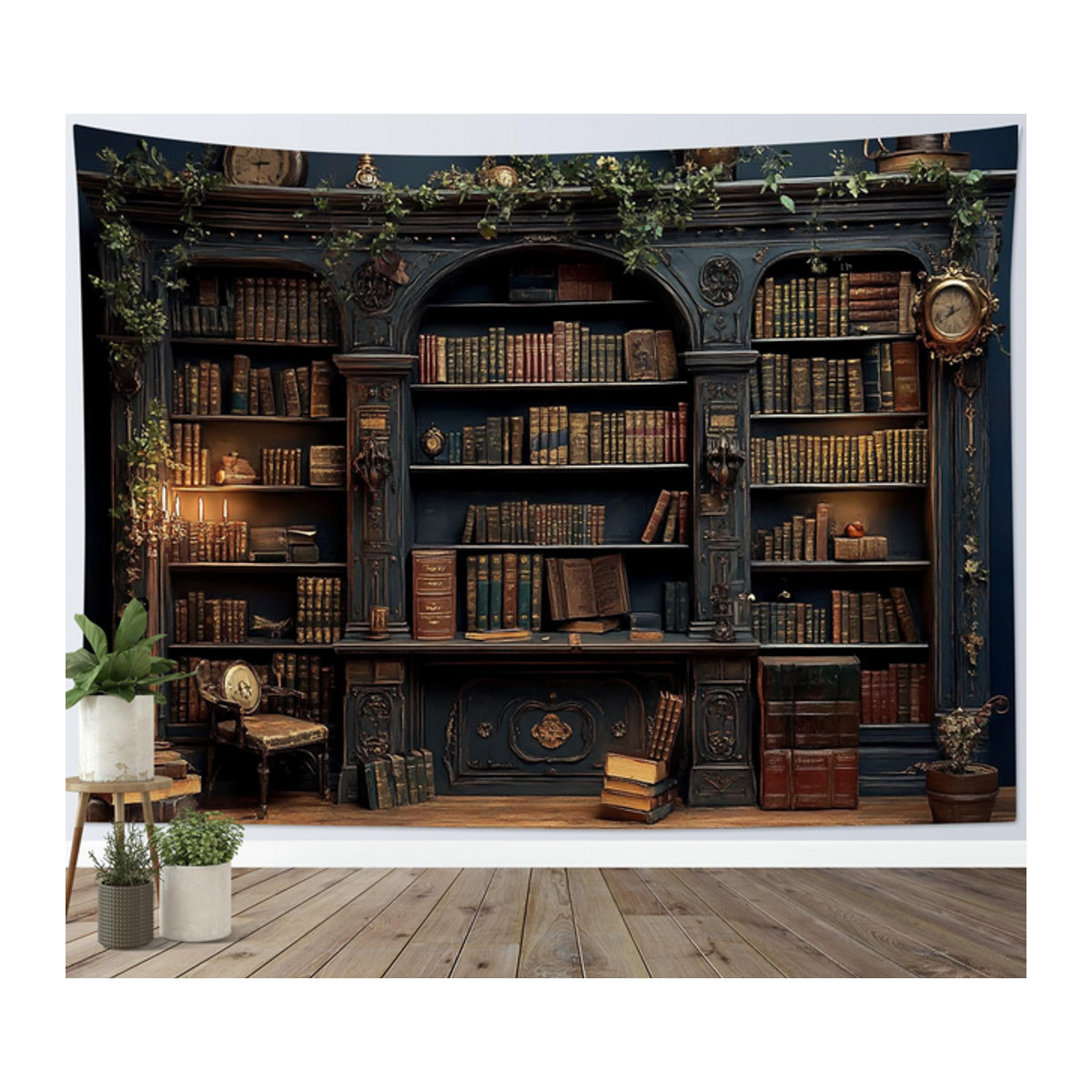VIKAMA Vintage Wandbehang mit Bücherregal und Schloss-Motiv, mehrfarbiger Textil-Wandteppich für Wohnzimmer und Schlafzimmer, B: 60 cm, H: 40 cm - Bild 1