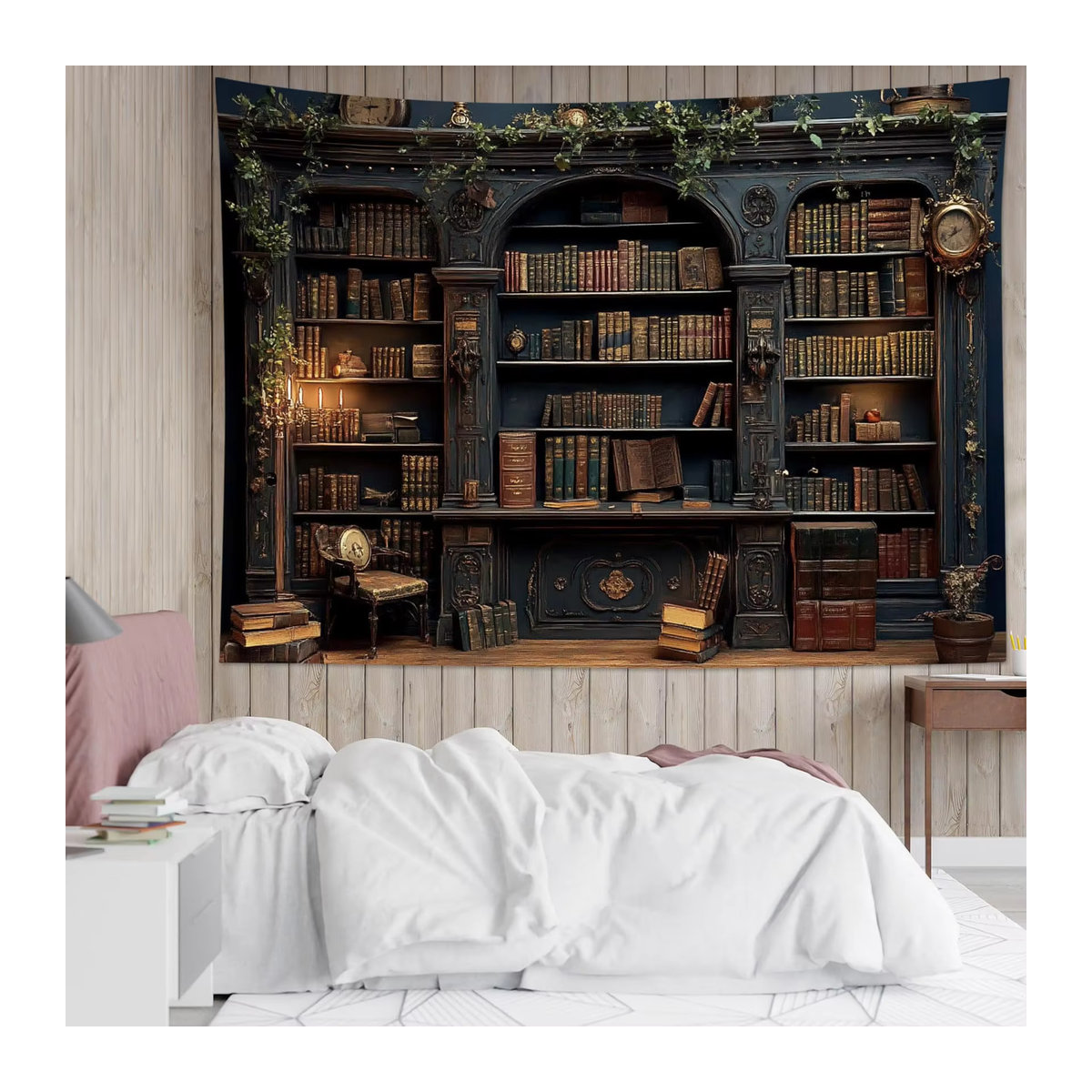 VIKAMA Vintage Wandbehang mit Bücherregal und Schloss-Motiv, mehrfarbiger Textil-Wandteppich für Wohnzimmer und Schlafzimmer, B: 60 cm, H: 40 cm - Bild 2