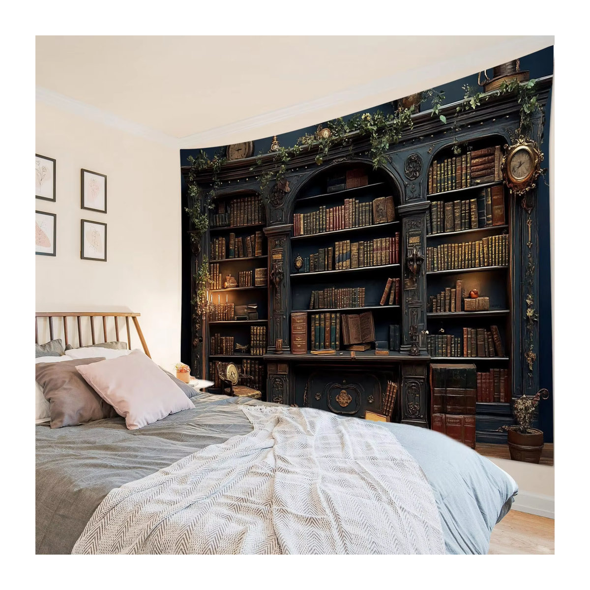 VIKAMA Vintage Wandbehang mit Bücherregal und Schloss-Motiv, mehrfarbiger Textil-Wandteppich für Wohnzimmer und Schlafzimmer, B: 60 cm, H: 40 cm - Bild 3
