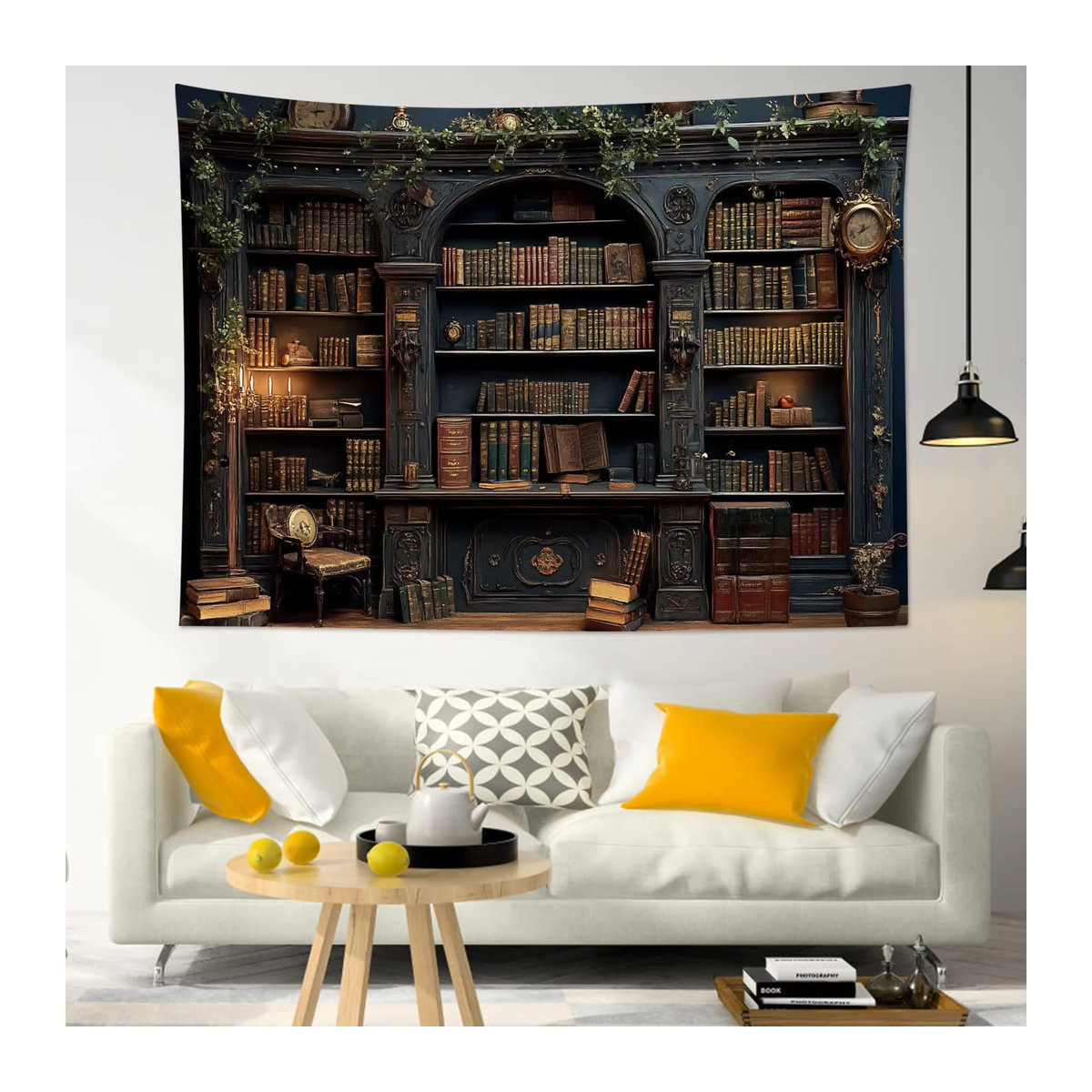 VIKAMA Vintage Wandbehang mit Bücherregal und Schloss-Motiv, mehrfarbiger Textil-Wandteppich für Wohnzimmer und Schlafzimmer, B: 60 cm, H: 40 cm - Bild 4
