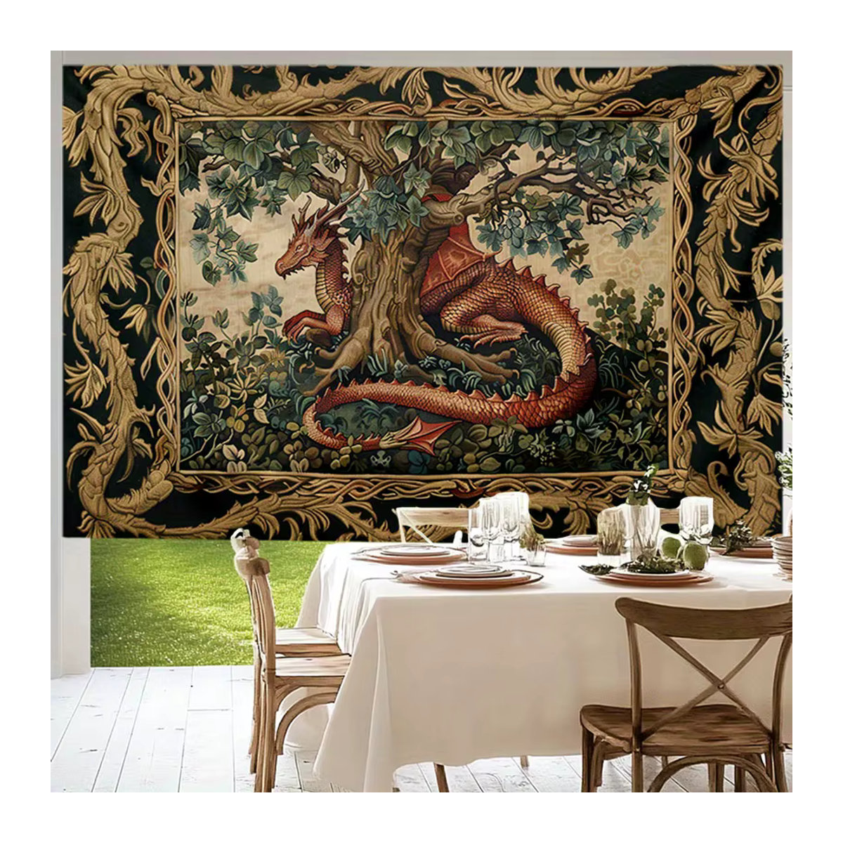 VIKAMA Vintage Wandteppich mit Baumdrachen-Motiv im mittelalterlichen Hofstil, mehrfarbig, Textil, rechteckig - Bild 2