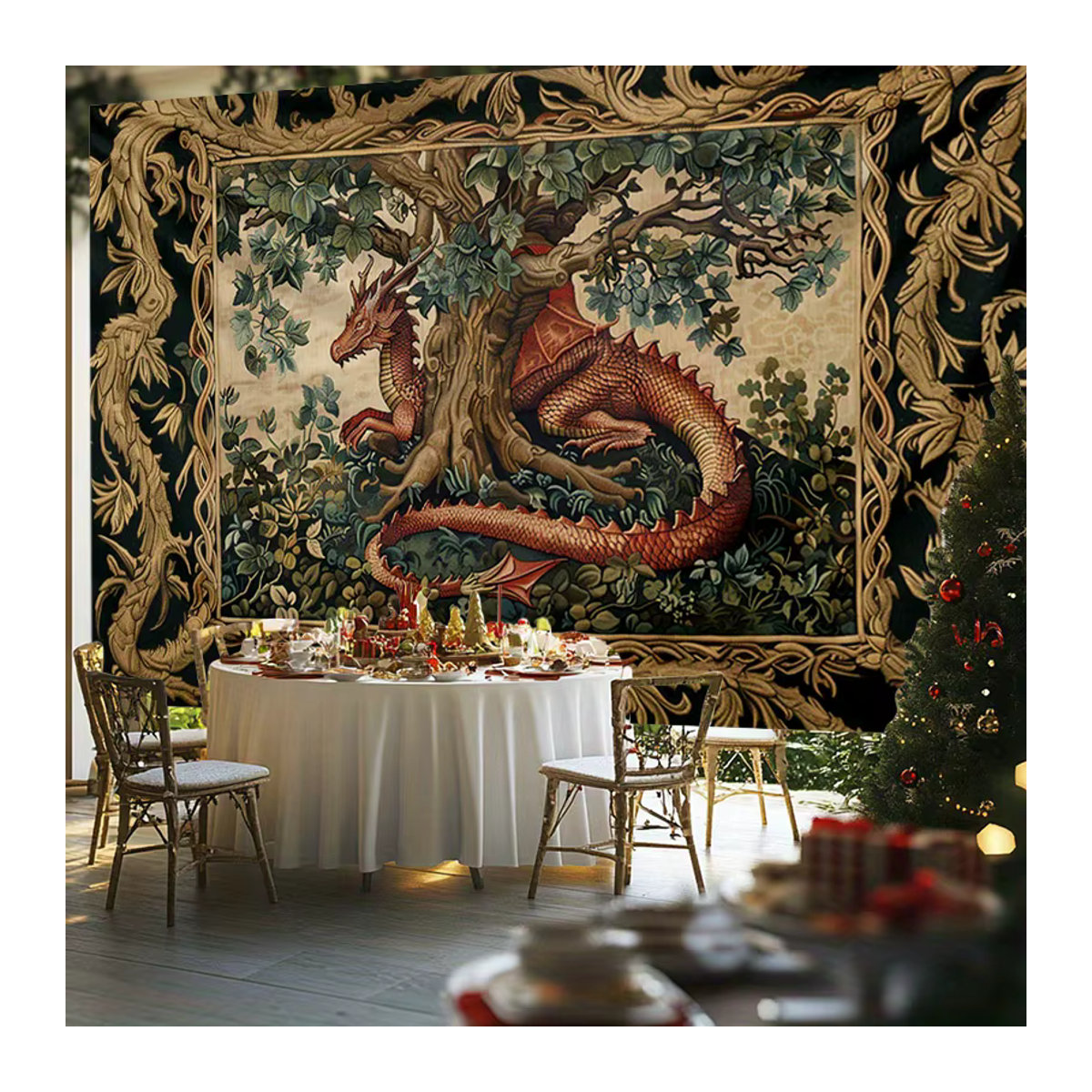 VIKAMA Vintage Wandteppich mit Baumdrachen-Motiv im mittelalterlichen Hofstil, mehrfarbig, Textil, rechteckig - Bild 3