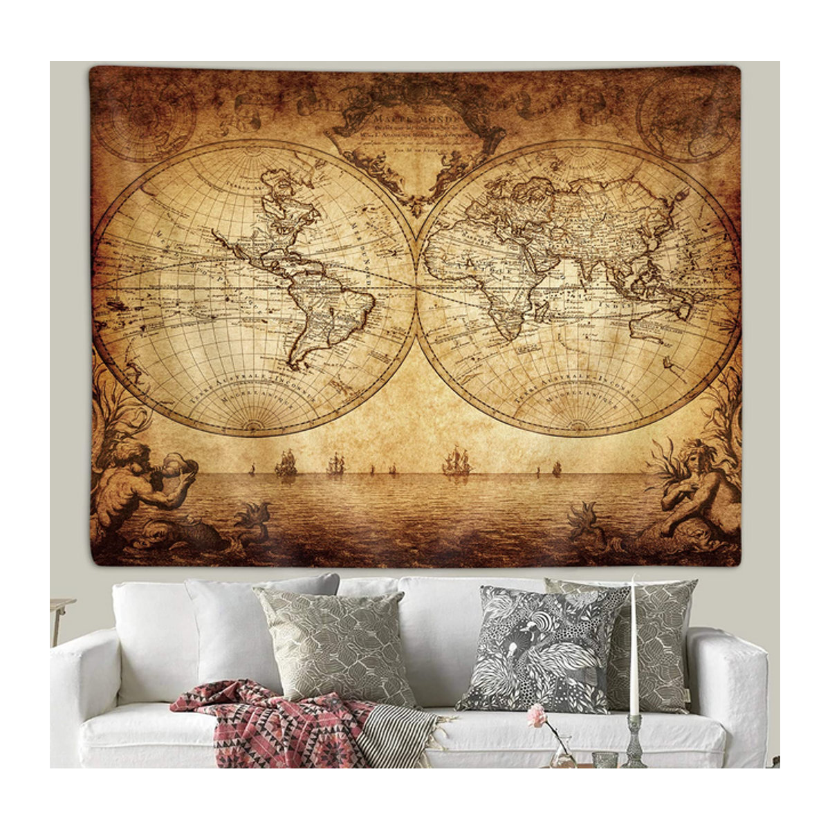 VIKAMA Vintage Weltkarten Wandteppich in Beige als dekorativer Wandbehang für Wohnzimmer und Büro - Bild 1