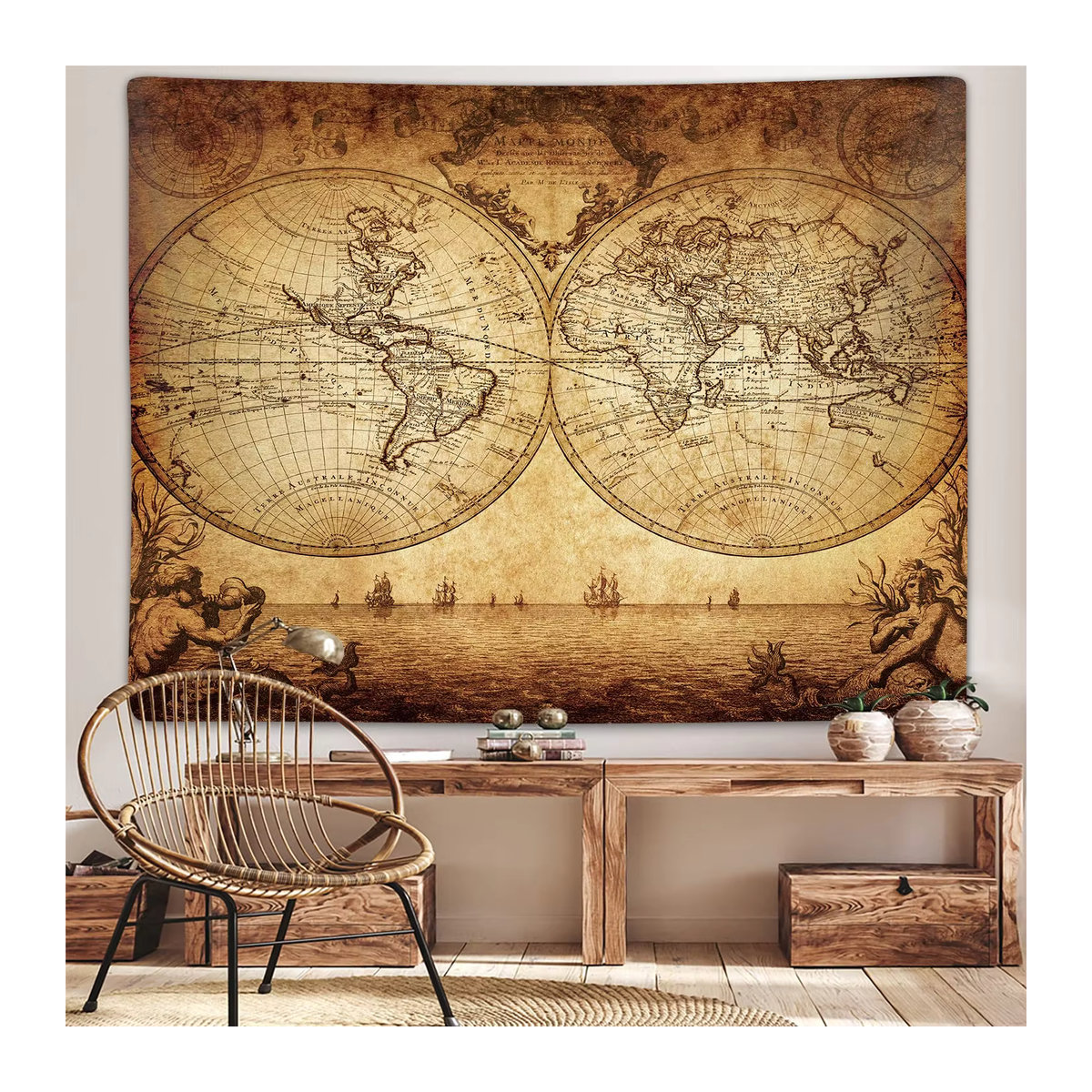 VIKAMA Vintage Weltkarten Wandteppich in Beige als dekorativer Wandbehang für Wohnzimmer und Büro - Bild 2