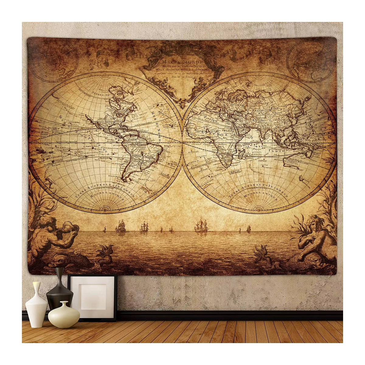 VIKAMA Vintage Weltkarten Wandteppich in Beige als dekorativer Wandbehang für Wohnzimmer und Büro - Bild 3