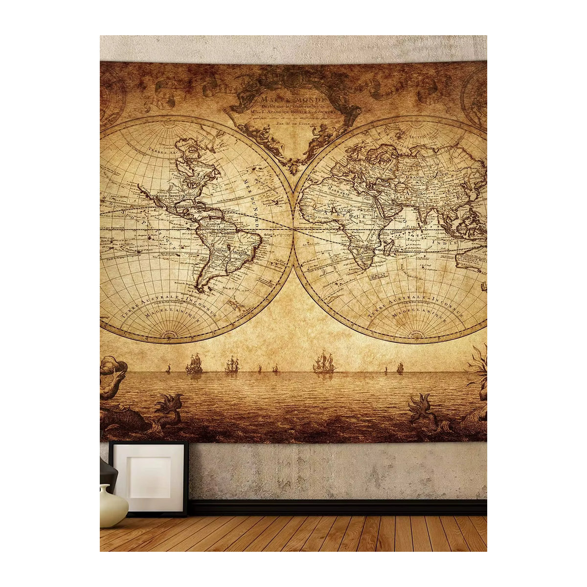 VIKAMA Vintage Weltkarten Wandteppich in Beige als dekorativer Wandbehang für Wohnzimmer und Büro - Bild 6