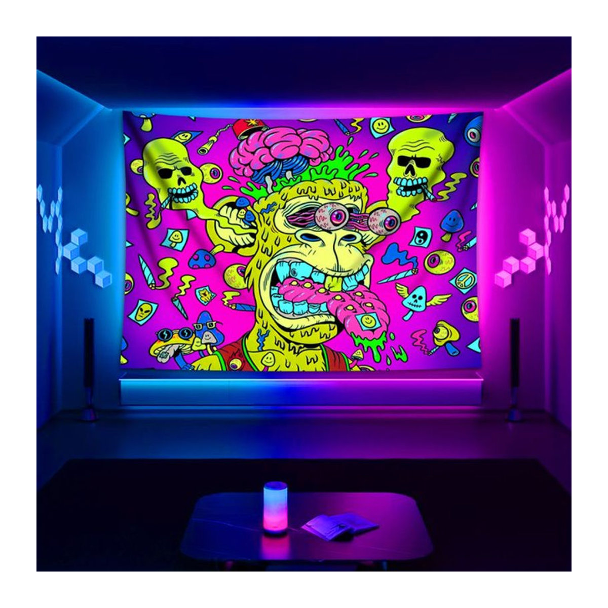 VIKAMA Wandbehang mit Psychedelic Cartoon Affe und Schädel Muster in Mehrfarbig, abstraktes Textil-Design für dein Zimmer - Bild 1