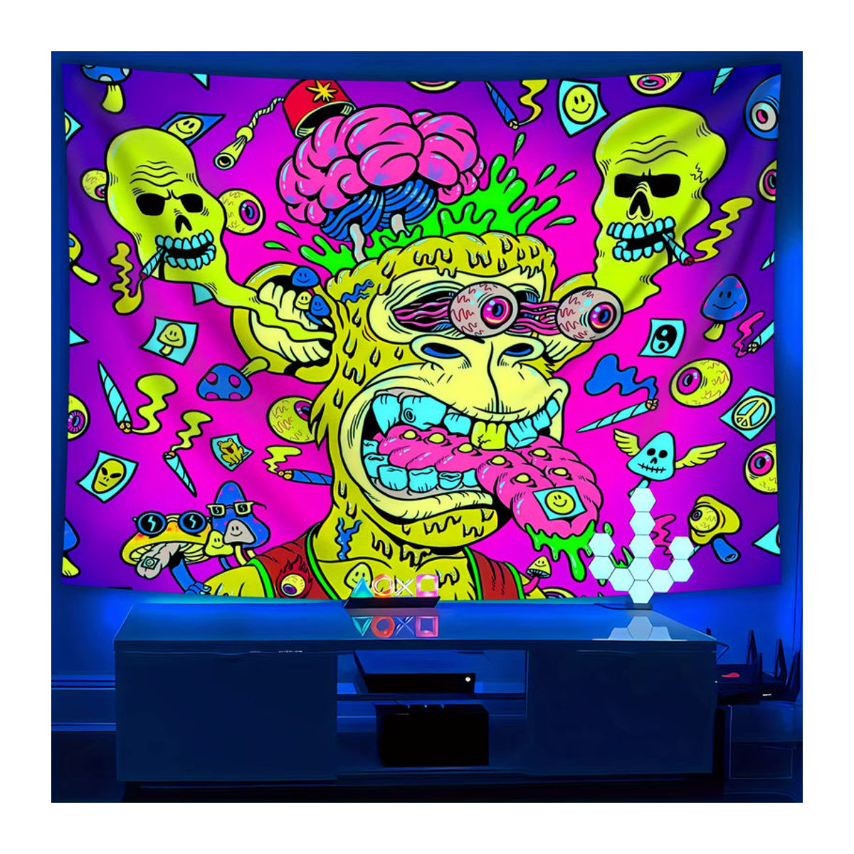 VIKAMA Wandbehang mit Psychedelic Cartoon Affe und Schädel Muster in Mehrfarbig, abstraktes Textil-Design für dein Zimmer - Bild 3