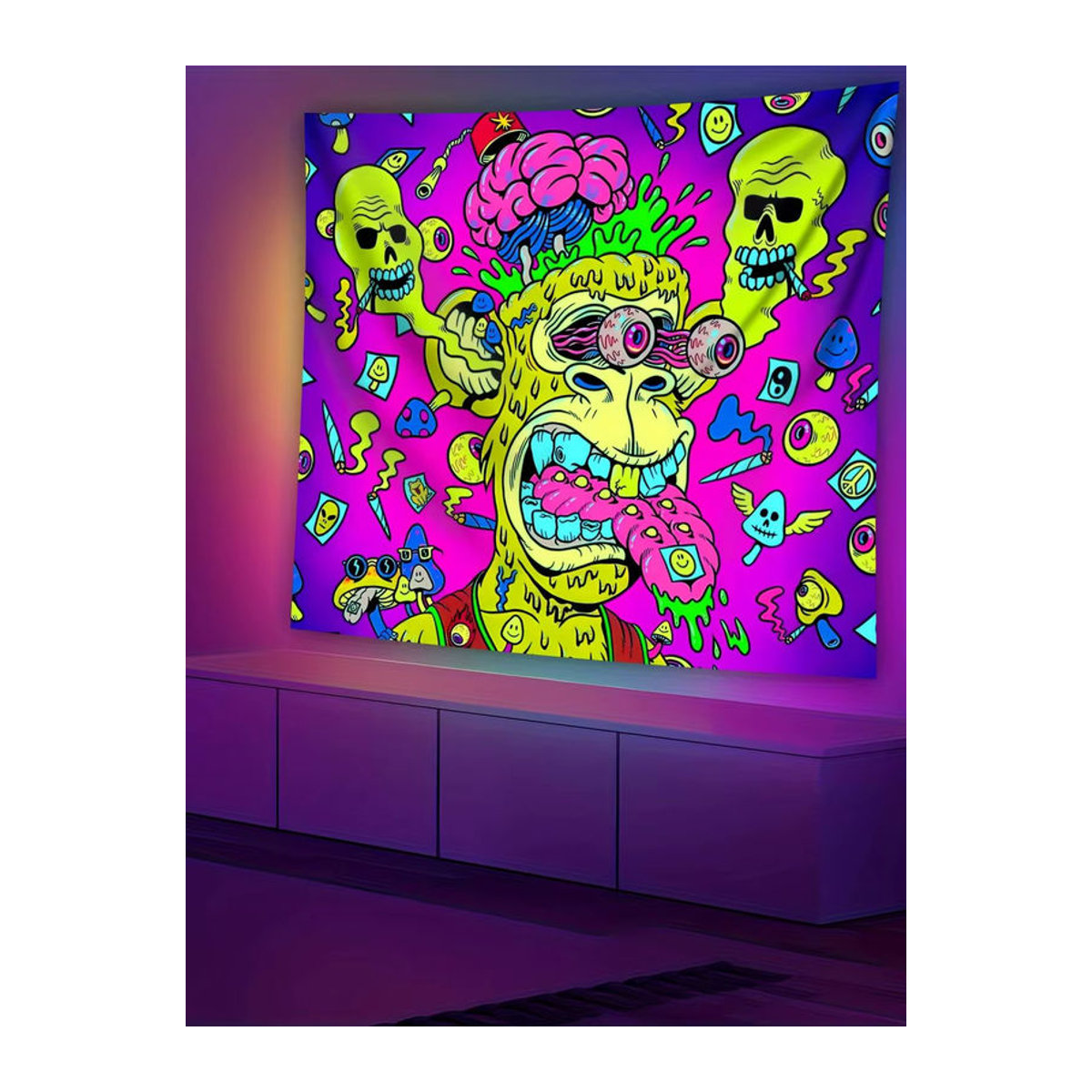 VIKAMA Wandbehang mit Psychedelic Cartoon Affe und Schädel Muster in Mehrfarbig, abstraktes Textil-Design für dein Zimmer - Bild 4