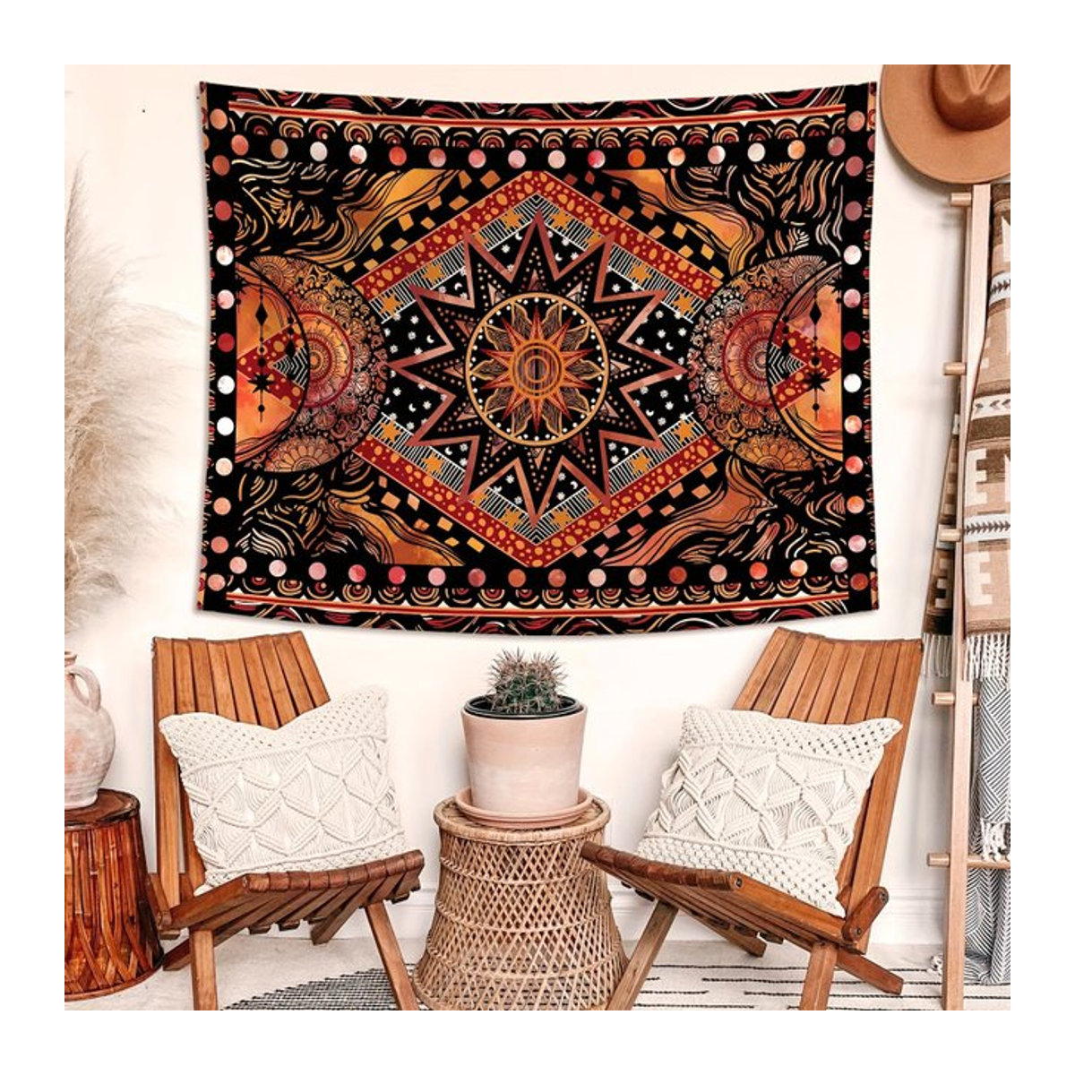 VIKAMA Wandbehang Sonnen- und Mond-Wandteppich in Orange und Mehrfarbig im Retro-Boho-Stil - Bild 1