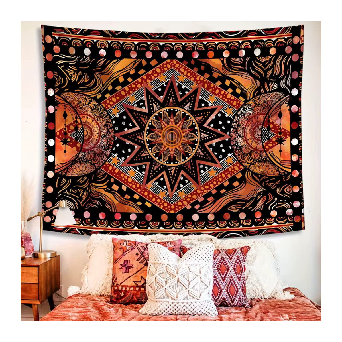VIKAMA Wandbehang Sonnen- und Mond-Wandteppich in Orange und Mehrfarbig im Retro-Boho-Stil - Bild 2