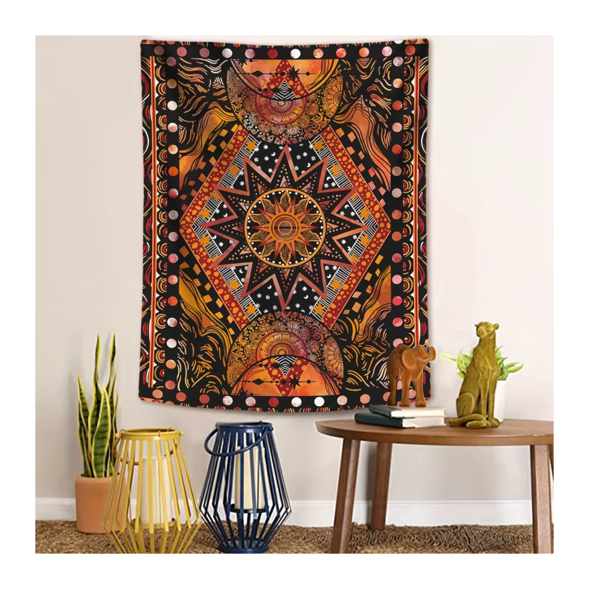 VIKAMA Wandbehang Sonnen- und Mond-Wandteppich in Orange und Mehrfarbig im Retro-Boho-Stil - Bild 3