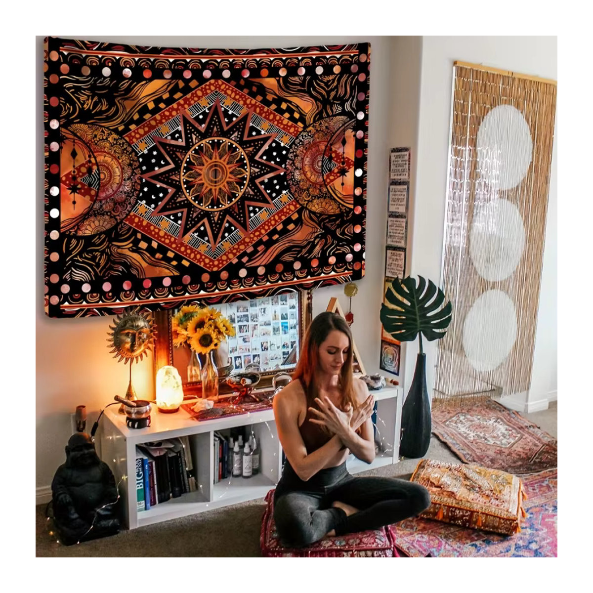 VIKAMA Wandbehang Sonnen- und Mond-Wandteppich in Orange und Mehrfarbig im Retro-Boho-Stil - Bild 4