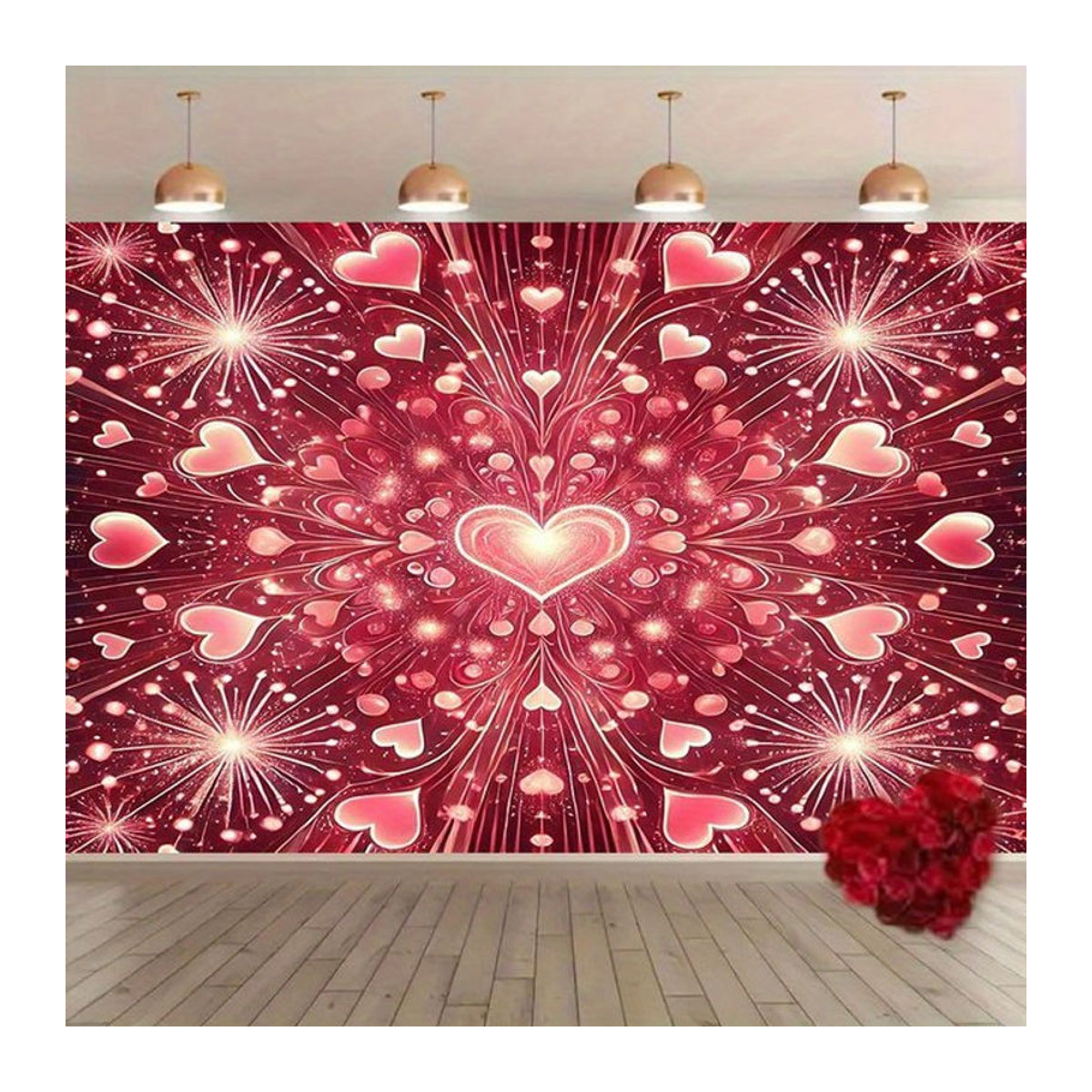 VIKAMA Wandtapisserie Love Fireworks in Rosa mit Herz- und Feuerwerk-Motiv, abstrakte Textil-Wanddekoration für dein Wohnzimmer, Breite: 60 cm, Höhe: 40 cm - Bild 1