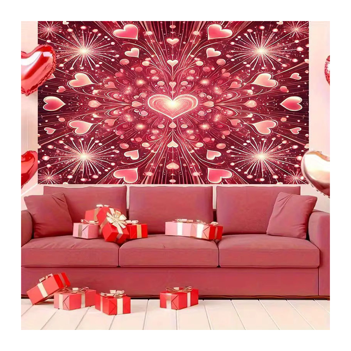 VIKAMA Wandtapisserie Love Fireworks in Rosa mit Herz- und Feuerwerk-Motiv, abstrakte Textil-Wanddekoration für dein Wohnzimmer, Breite: 60 cm, Höhe: 40 cm - Bild 2