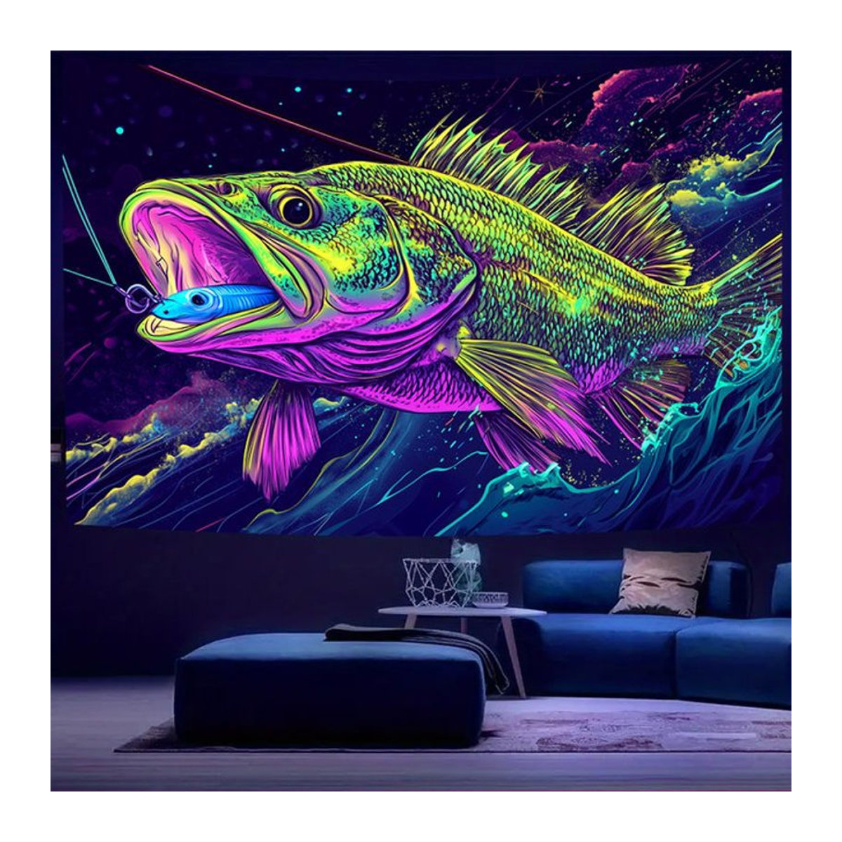 VIKAMA Wandteppich Bigmouth Black Bass mit Neon-Sternenhimmel und Tierprint, mehrfarbig, Textil, B: 60 cm, H: 40 cm - Bild 1