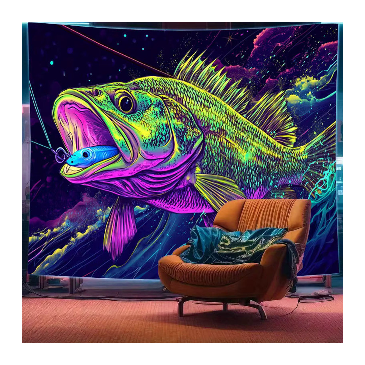 VIKAMA Wandteppich Bigmouth Black Bass mit Neon-Sternenhimmel und Tierprint, mehrfarbig, Textil, B: 60 cm, H: 40 cm - Bild 2