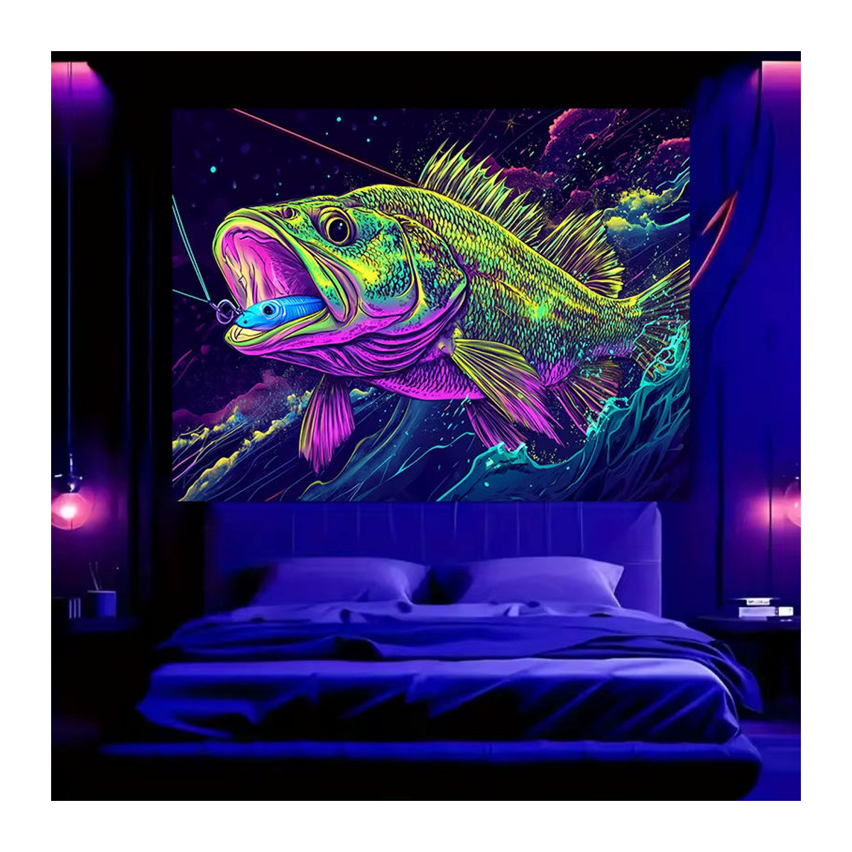 VIKAMA Wandteppich Bigmouth Black Bass mit Neon-Sternenhimmel und Tierprint, mehrfarbig, Textil, B: 60 cm, H: 40 cm - Bild 3
