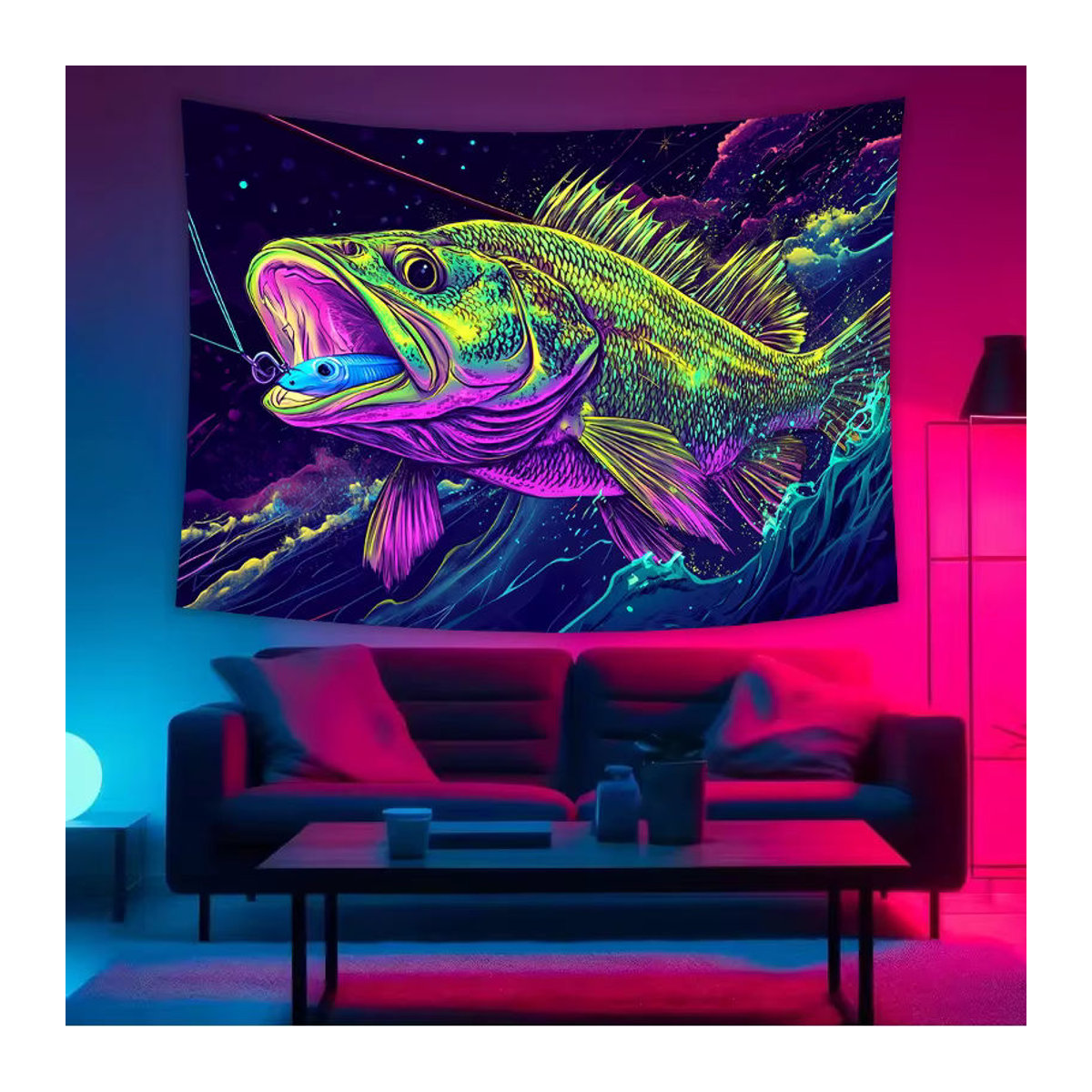 VIKAMA Wandteppich Bigmouth Black Bass mit Neon-Sternenhimmel und Tierprint, mehrfarbig, Textil, B: 60 cm, H: 40 cm - Bild 4