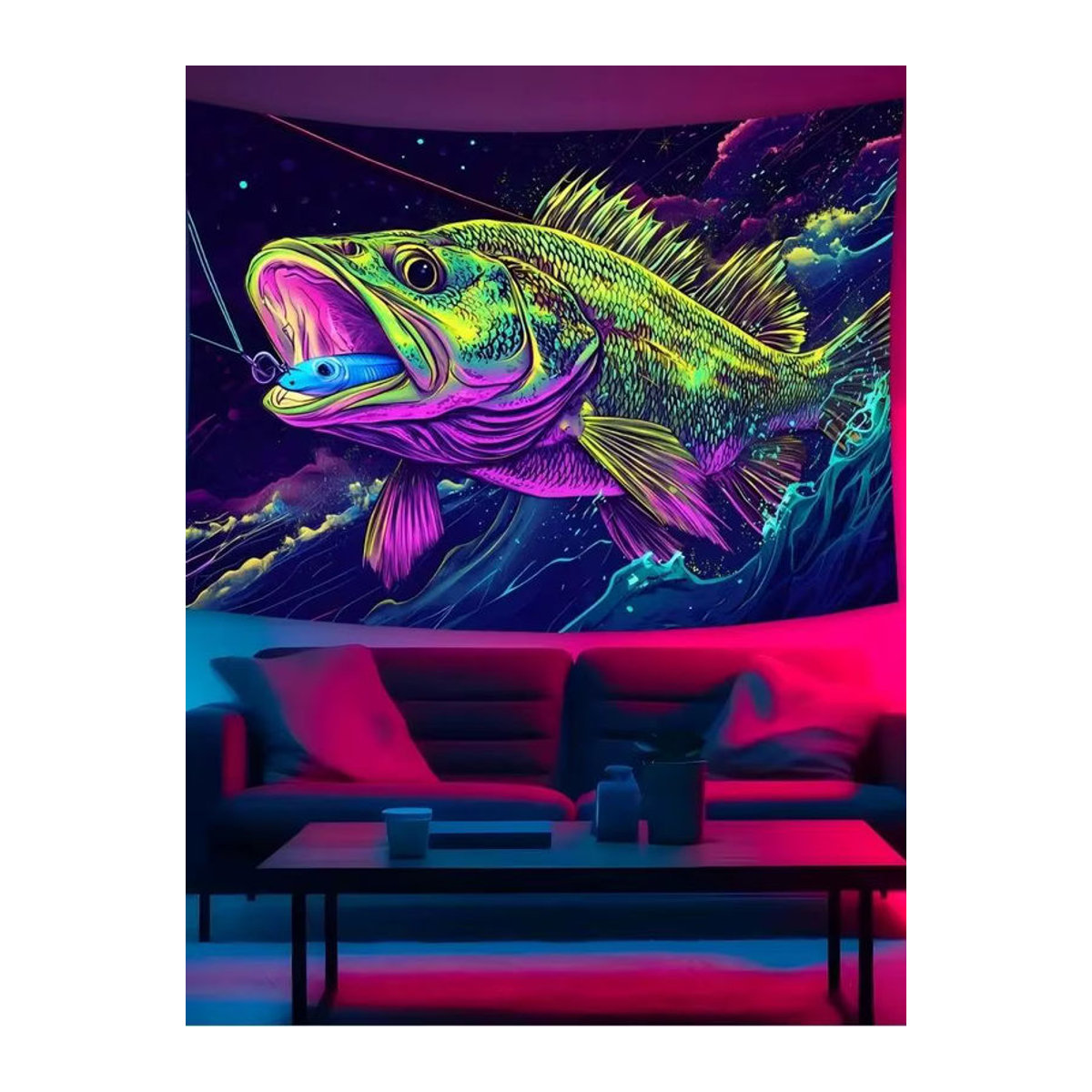 VIKAMA Wandteppich Bigmouth Black Bass mit Neon-Sternenhimmel und Tierprint, mehrfarbig, Textil, B: 60 cm, H: 40 cm - Bild 5
