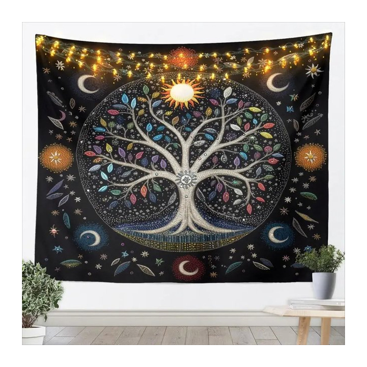 VIKAMA Wandteppich Bohemian Design mit Herbstblättern, Sonne, Mond und Galaxie, Schwarz, B: 150 cm, H: 130 cm - Bild 1