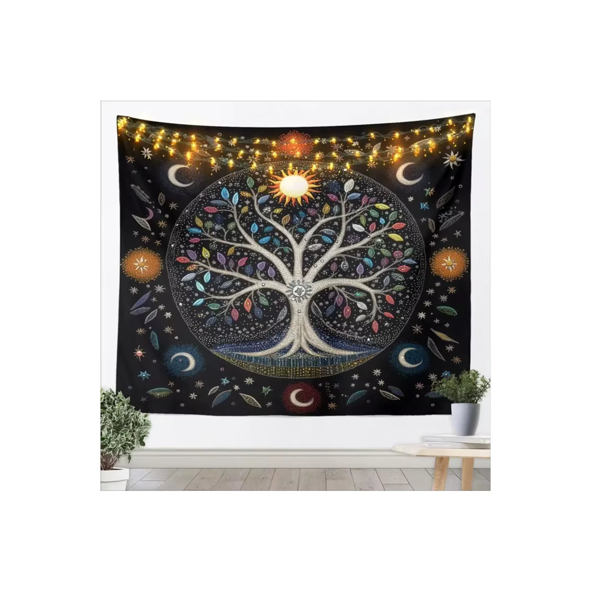 VIKAMA Wandteppich Bohemian Design mit Herbstblättern, Sonne, Mond und Galaxie, Schwarz, B: 150 cm, H: 130 cm - Bild 2