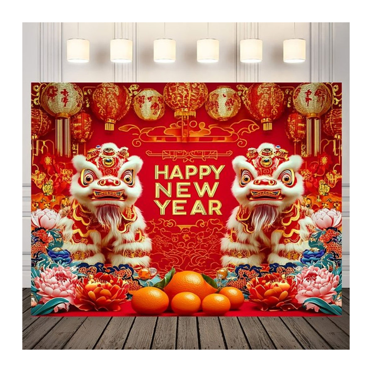 VIKAMA Wandteppich Chinesisches Neujahr mit Doppellöwen und Pfingstrosen, rot, Textil, B x H: 60 x 40 cm - Bild 1