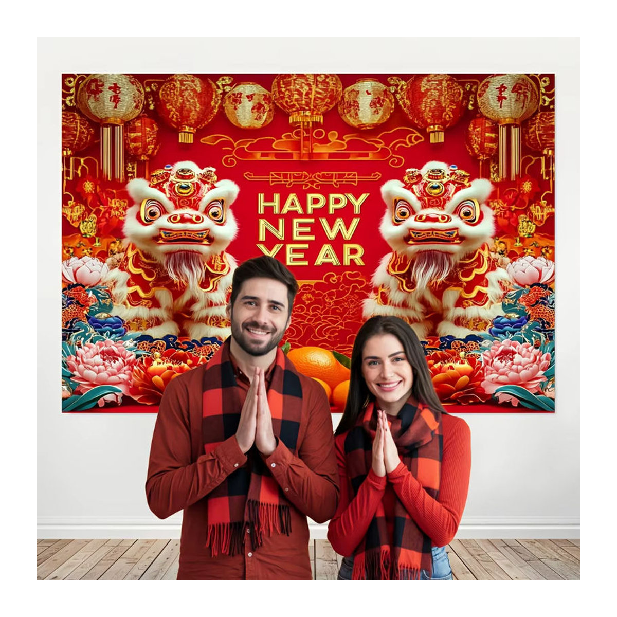 VIKAMA Wandteppich Chinesisches Neujahr mit Doppellöwen und Pfingstrosen, rot, Textil, B x H: 60 x 40 cm - Bild 2