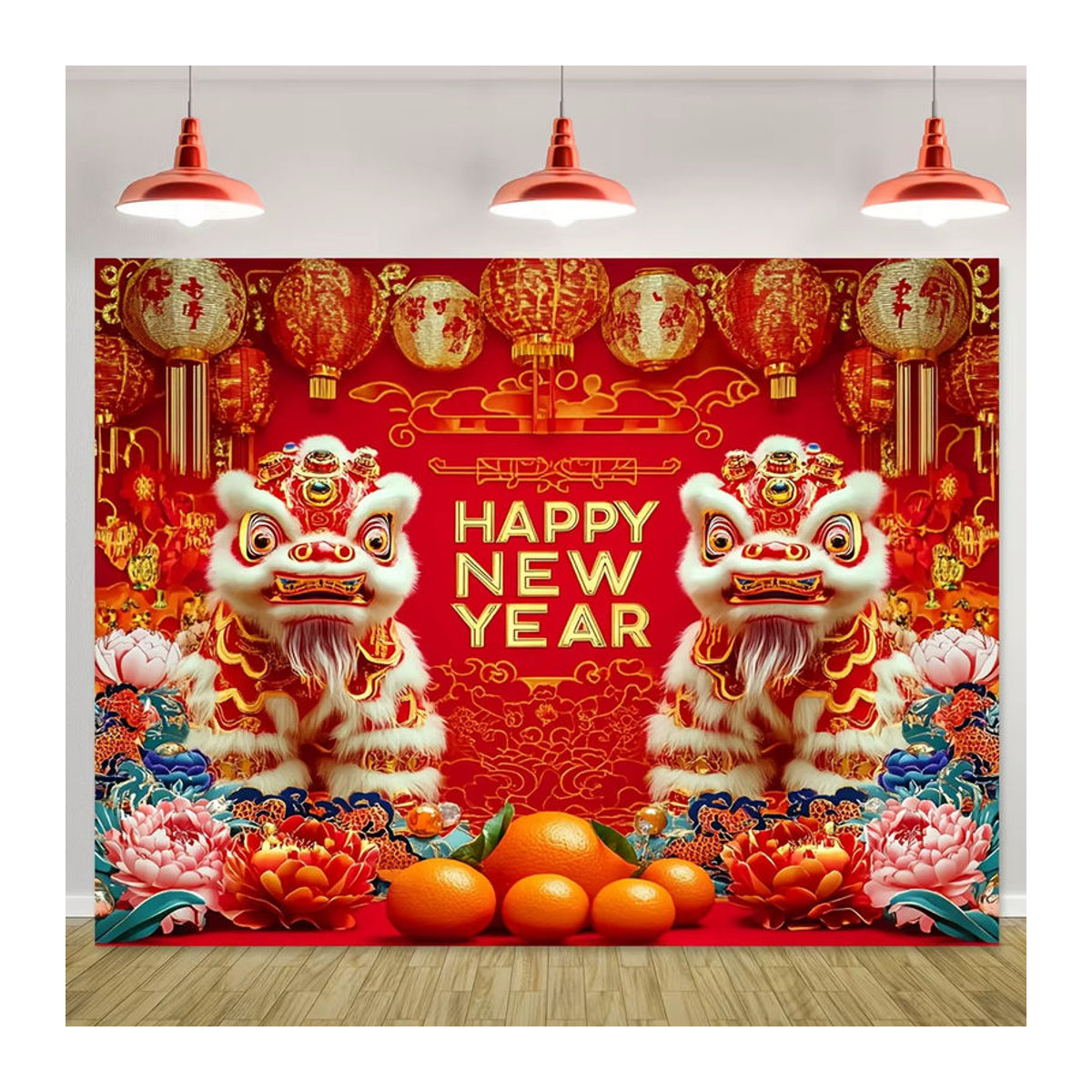 VIKAMA Wandteppich Chinesisches Neujahr mit Doppellöwen und Pfingstrosen, rot, Textil, B x H: 60 x 40 cm - Bild 4