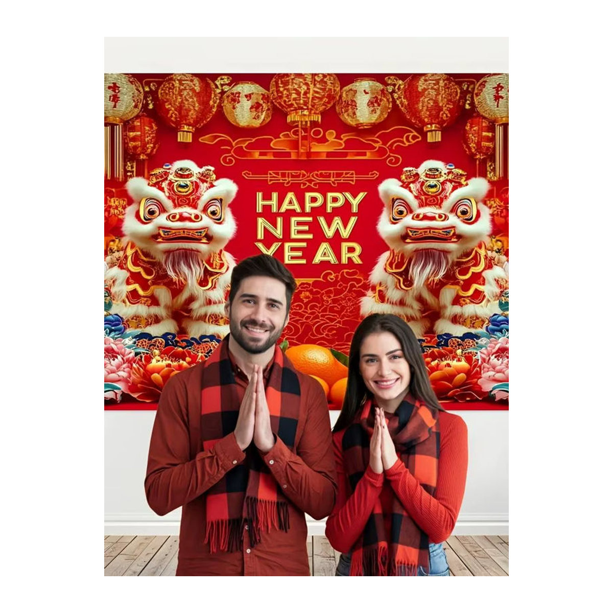 VIKAMA Wandteppich Chinesisches Neujahr mit Doppellöwen und Pfingstrosen, rot, Textil, B x H: 60 x 40 cm - Bild 5