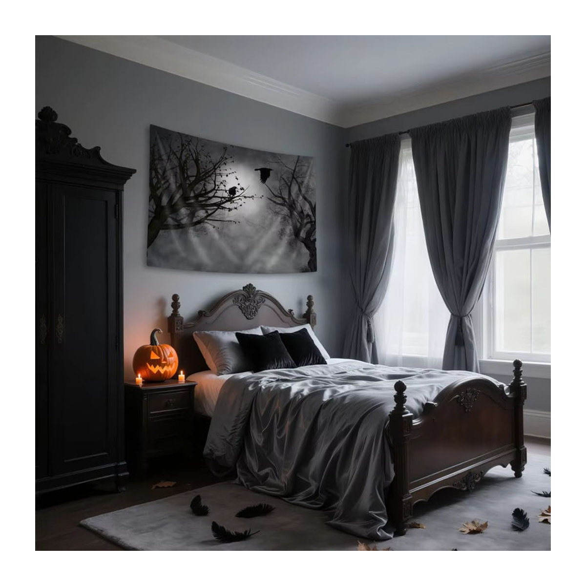 VIKAMA Wandteppich Dark Forest Raven im Gothic-Stil, Grau, B/H: 90 x 60 cm - Bild 1