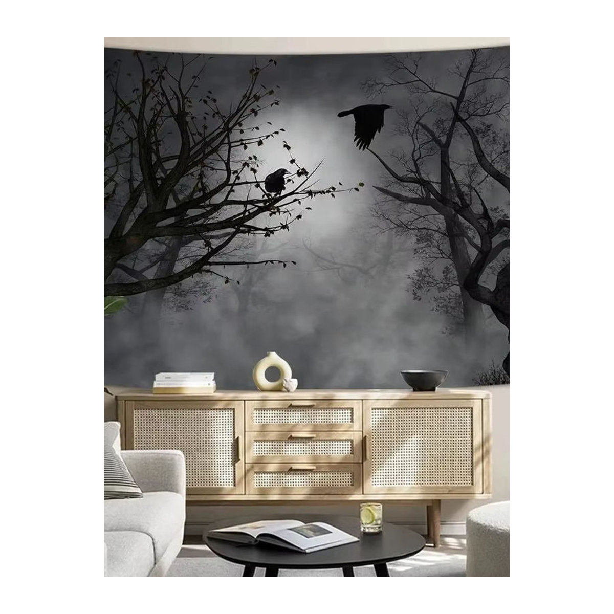 VIKAMA Wandteppich Dark Forest Raven im Gothic-Stil, Grau, B/H: 90 x 60 cm - Bild 2