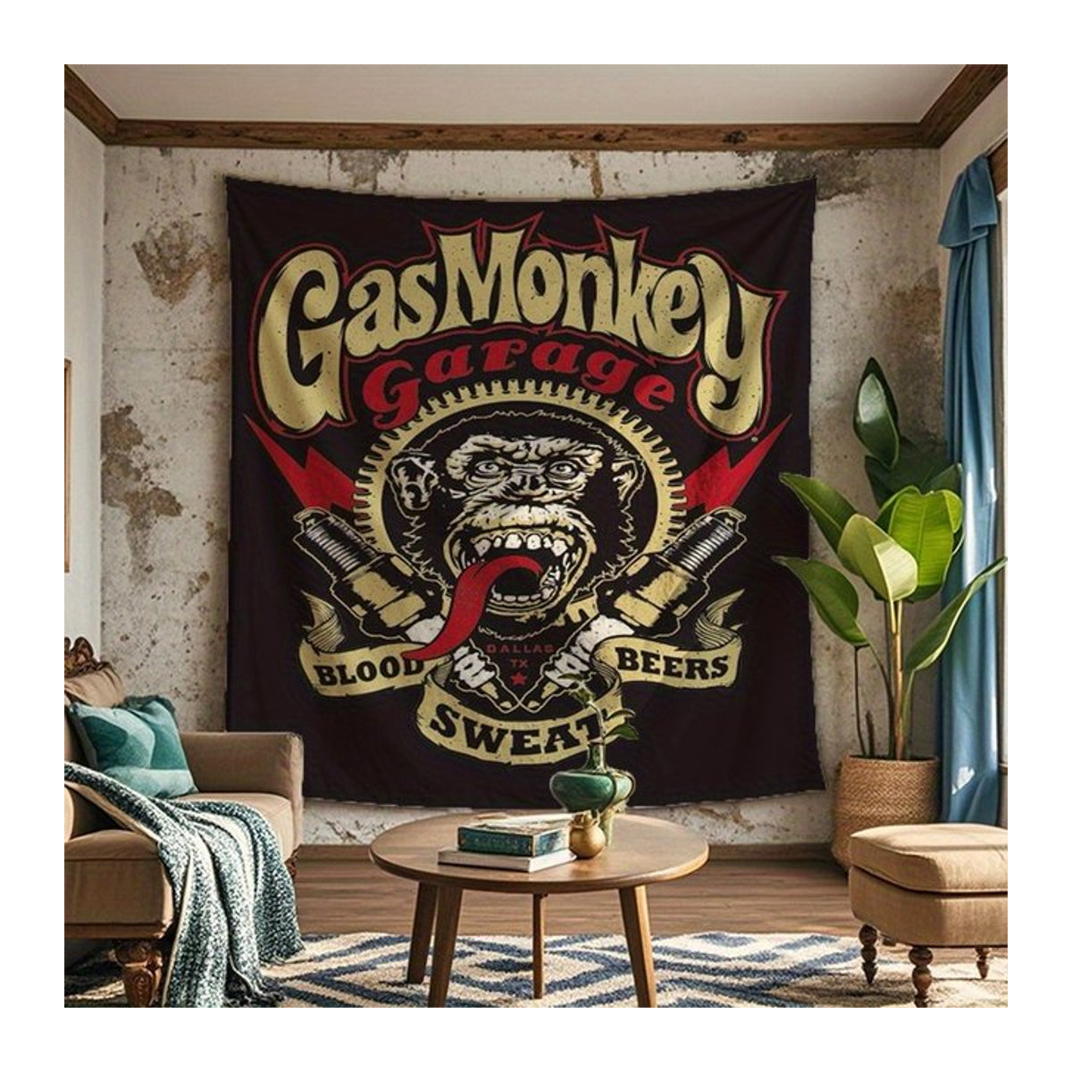 VIKAMA Wandteppich im amerikanischen Vintage-Garagenstil mit Neon-Farbverlaufsschrift in Schwarz, Rechteckig, B/H: 60 x 40 cm - Bild 1