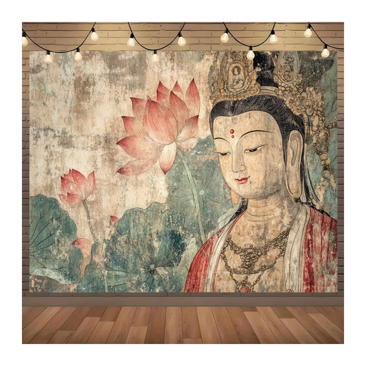 VIKAMA Wandteppich im Dunhuang-Stil mit Guanyin und Lotus, Retro Zen Buddha Wandbehang in Mehrfarbig, B/H: 60 x 40 cm - Bild 1