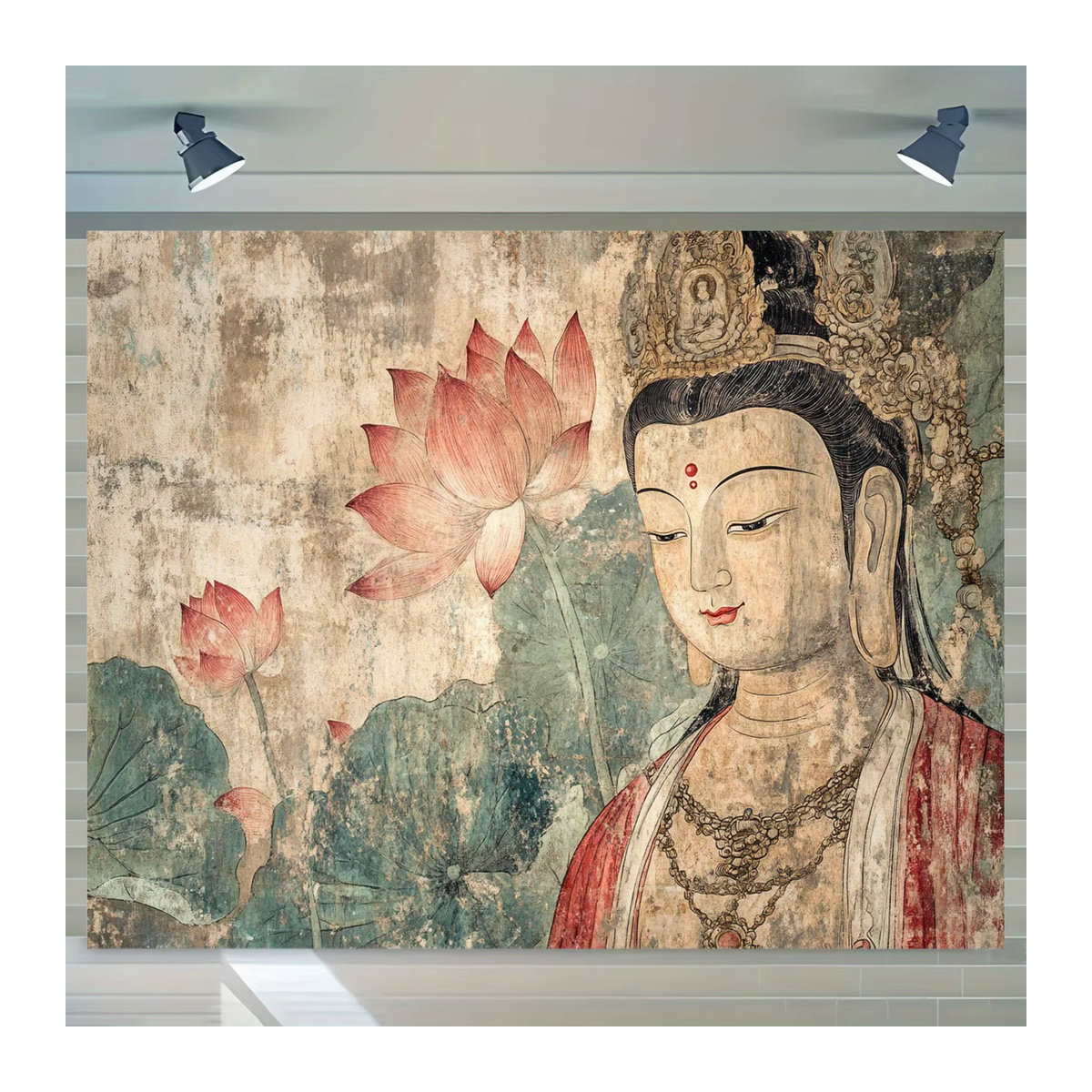 VIKAMA Wandteppich im Dunhuang-Stil mit Guanyin und Lotus, Retro Zen Buddha Wandbehang in Mehrfarbig, B/H: 60 x 40 cm - Bild 2
