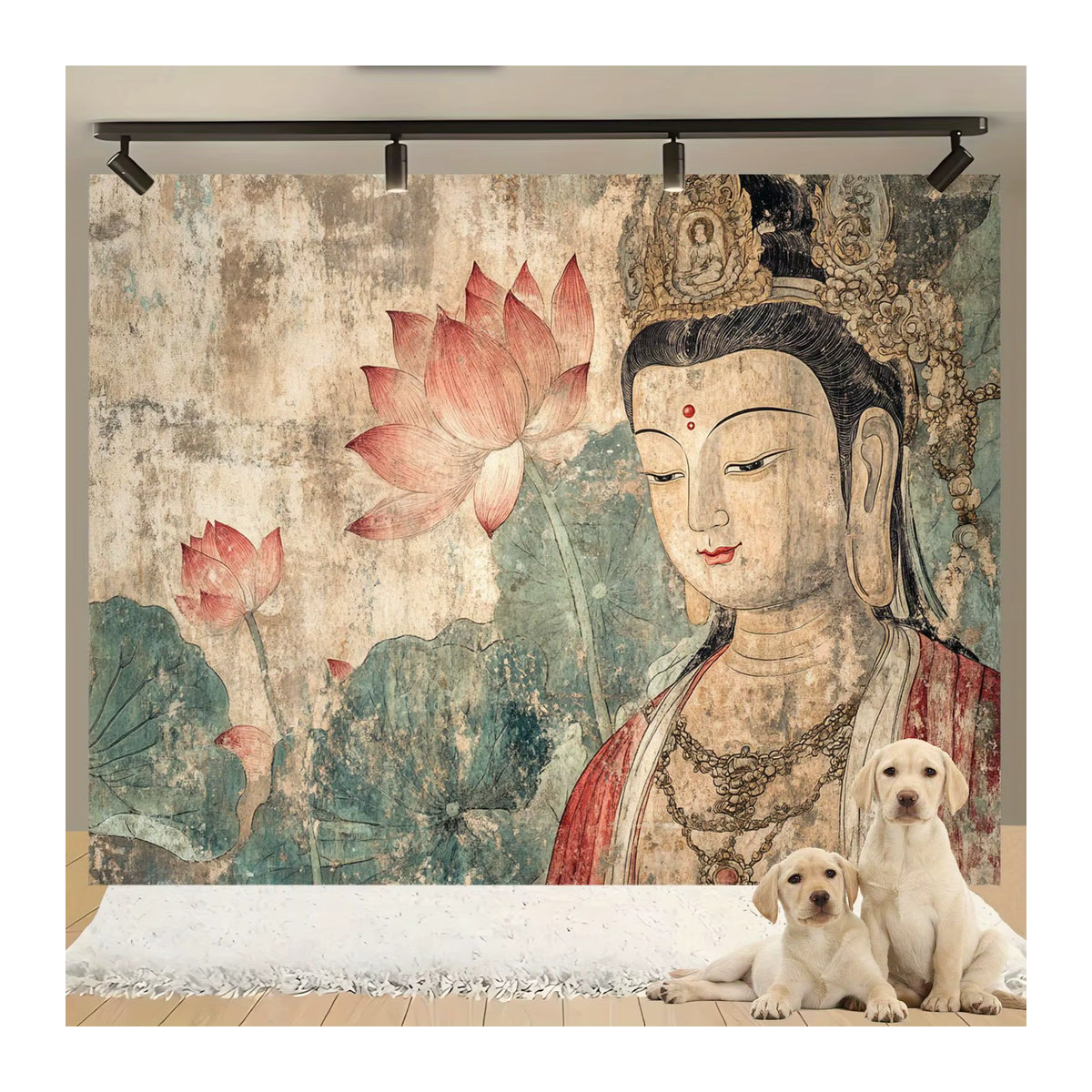 VIKAMA Wandteppich im Dunhuang-Stil mit Guanyin und Lotus, Retro Zen Buddha Wandbehang in Mehrfarbig, B/H: 60 x 40 cm - Bild 3