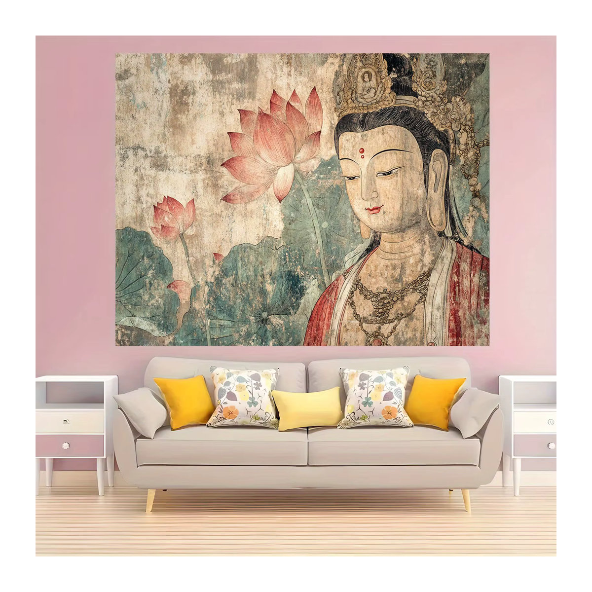 VIKAMA Wandteppich im Dunhuang-Stil mit Guanyin und Lotus, Retro Zen Buddha Wandbehang in Mehrfarbig, B/H: 60 x 40 cm - Bild 4