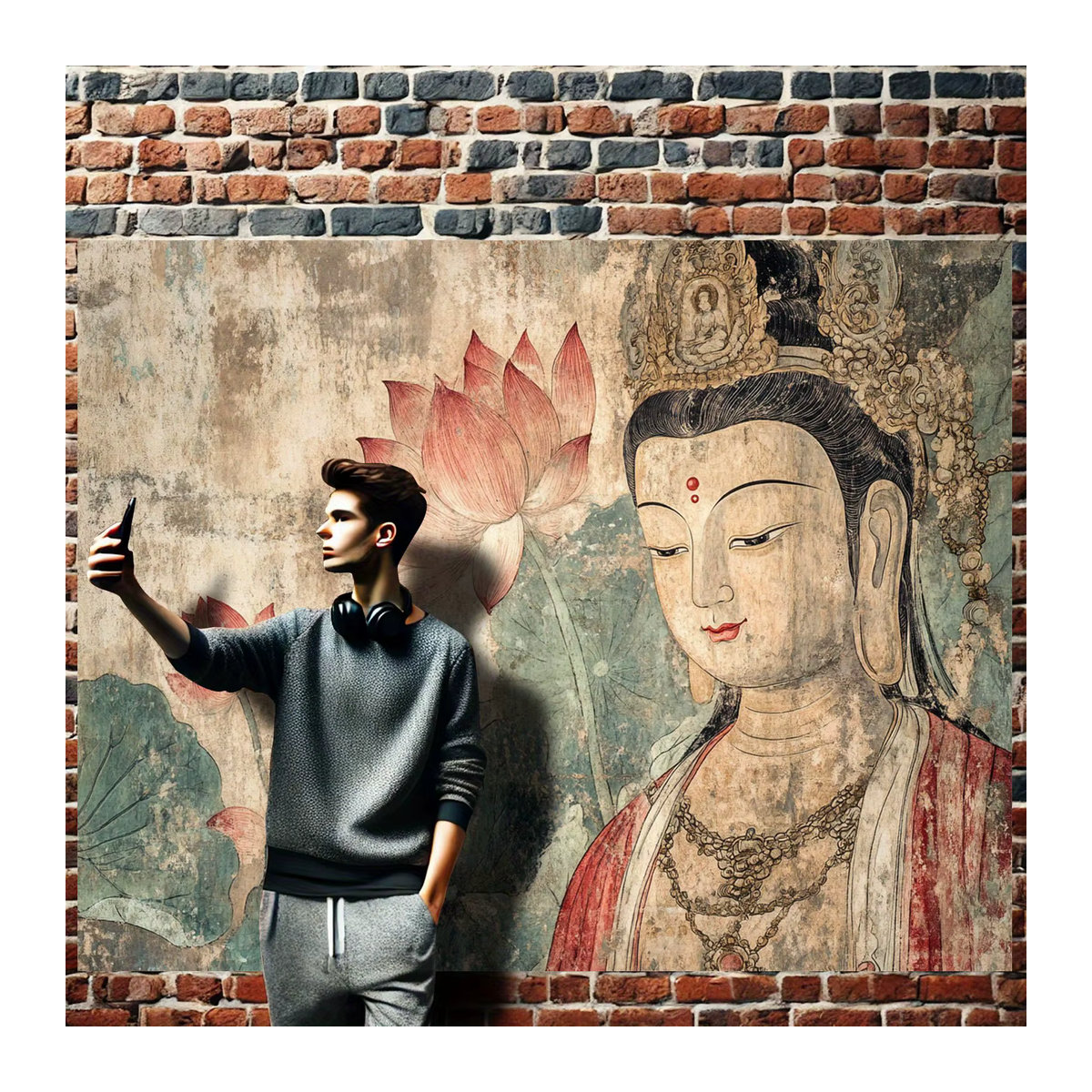 VIKAMA Wandteppich im Dunhuang-Stil mit Guanyin und Lotus, Retro Zen Buddha Wandbehang in Mehrfarbig, B/H: 60 x 40 cm - Bild 5