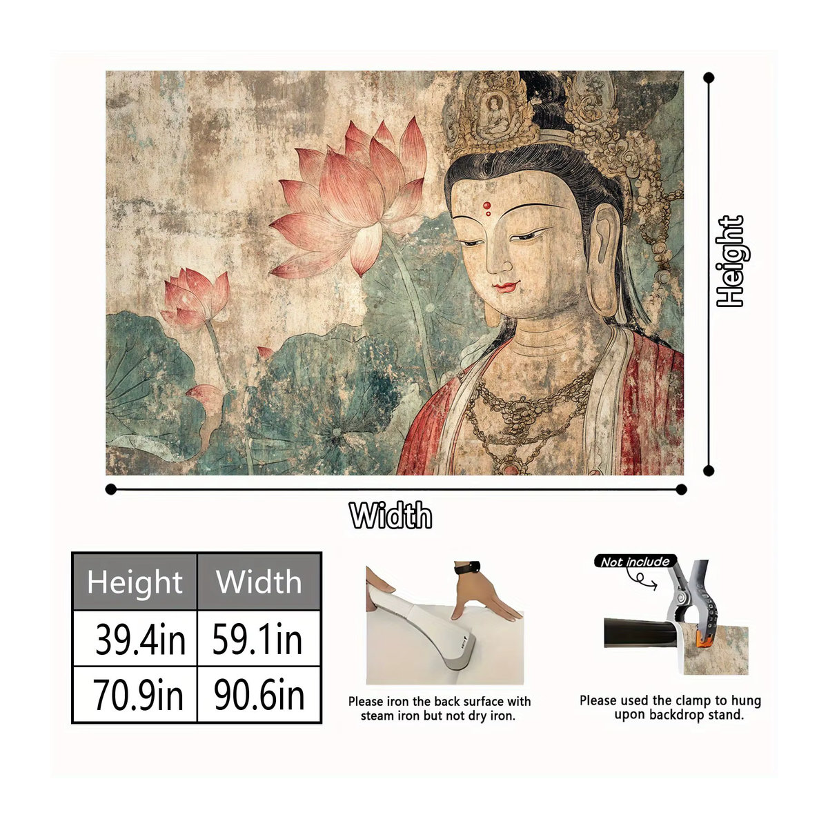 VIKAMA Wandteppich im Dunhuang-Stil mit Guanyin und Lotus, Retro Zen Buddha Wandbehang in Mehrfarbig, B/H: 60 x 40 cm - Bild 6