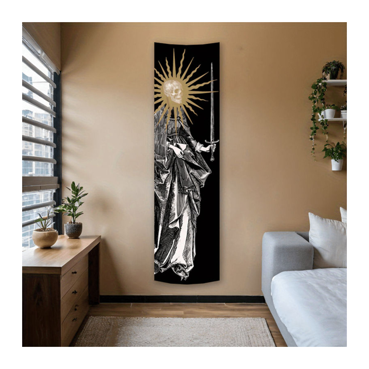 VIKAMA Wandteppich im gotischen Stil mit Totenkopf-Sonnen-Motiv, schwarz, Textil, B: 150 cm, H: 40 cm - Bild 1