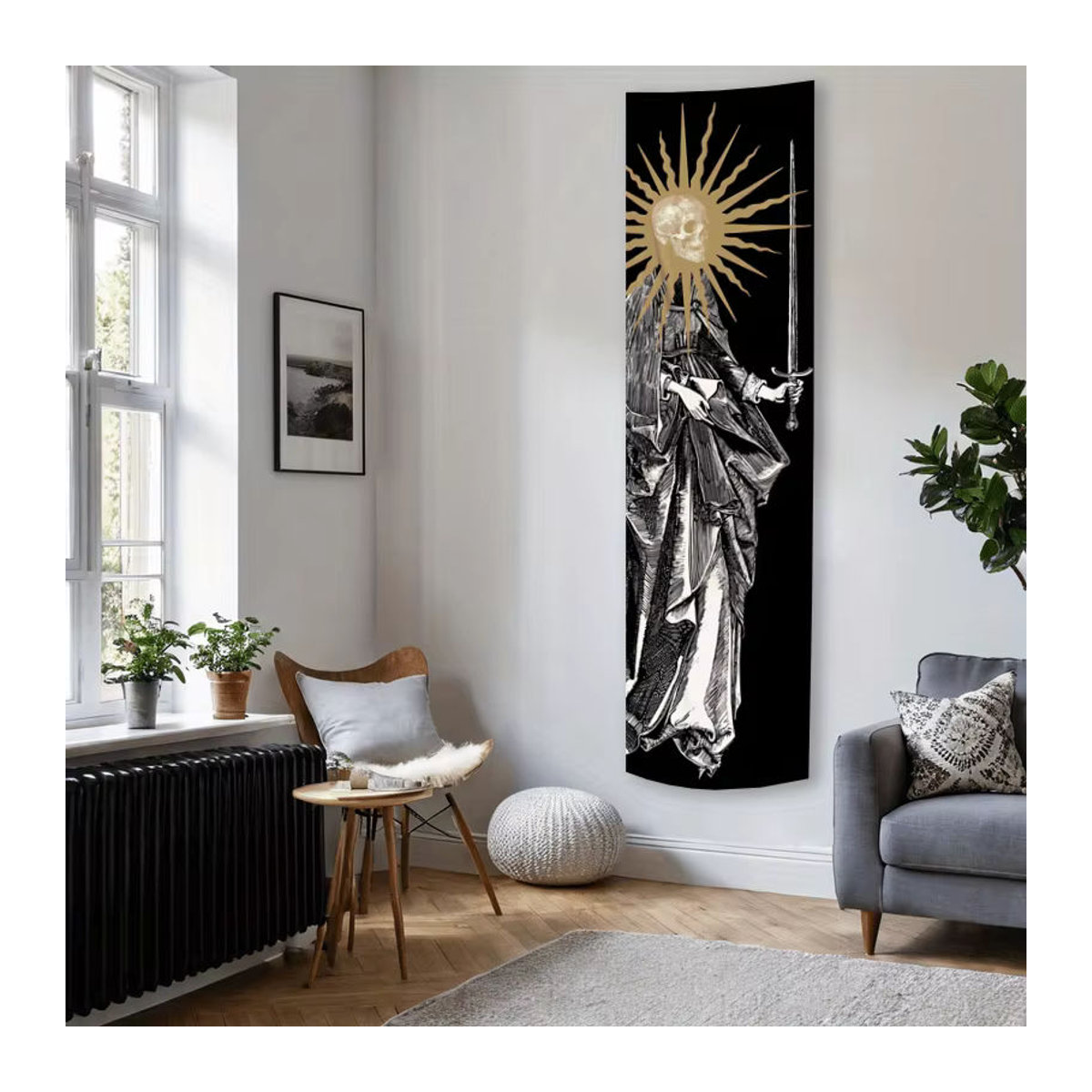 VIKAMA Wandteppich im gotischen Stil mit Totenkopf-Sonnen-Motiv, schwarz, Textil, B: 150 cm, H: 40 cm - Bild 2