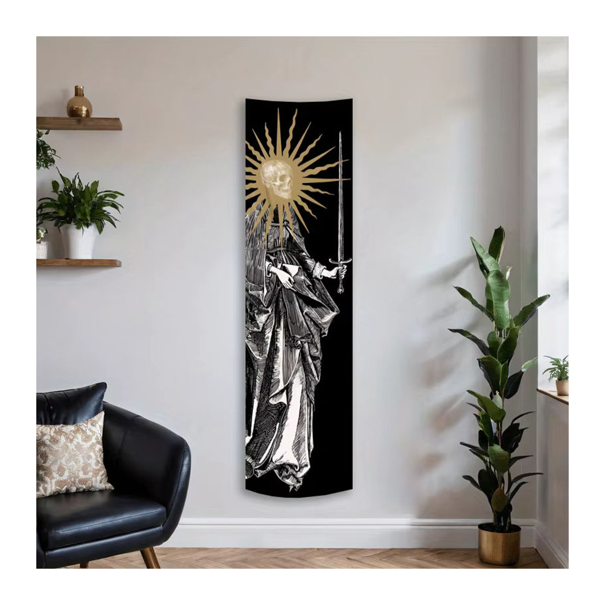 VIKAMA Wandteppich im gotischen Stil mit Totenkopf-Sonnen-Motiv, schwarz, Textil, B: 150 cm, H: 40 cm - Bild 5