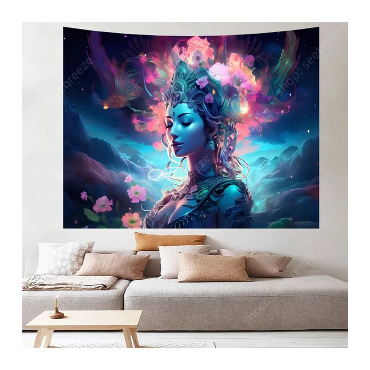 VIKAMA Wandteppich Kosmische Meditation in Blau, Bohemian Wandbild für dein Schlafzimmer, Rechteckig B/H: 60 x 40 cm - Bild 1