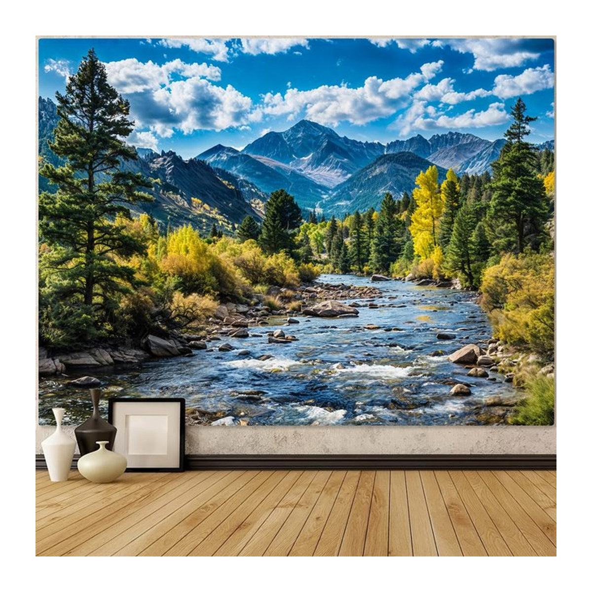 VIKAMA Wandteppich mit Berg- und Herbstwaldlandschaft in Mehrfarbig, Rechteckiger Textil-Wandteppich zur Wanddekoration - Bild 1
